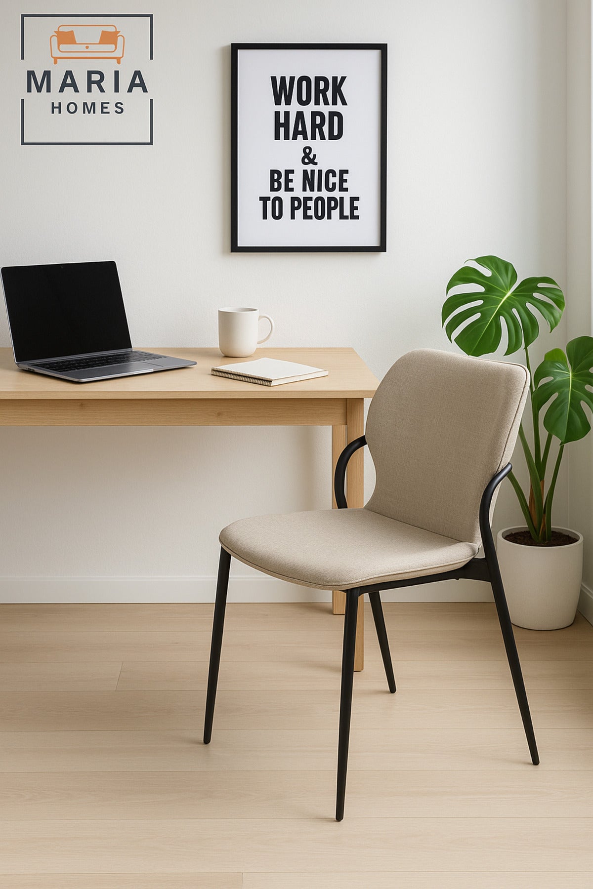 Modern Fabric Dining Chair Beige Upholstery with Black Metal Frame