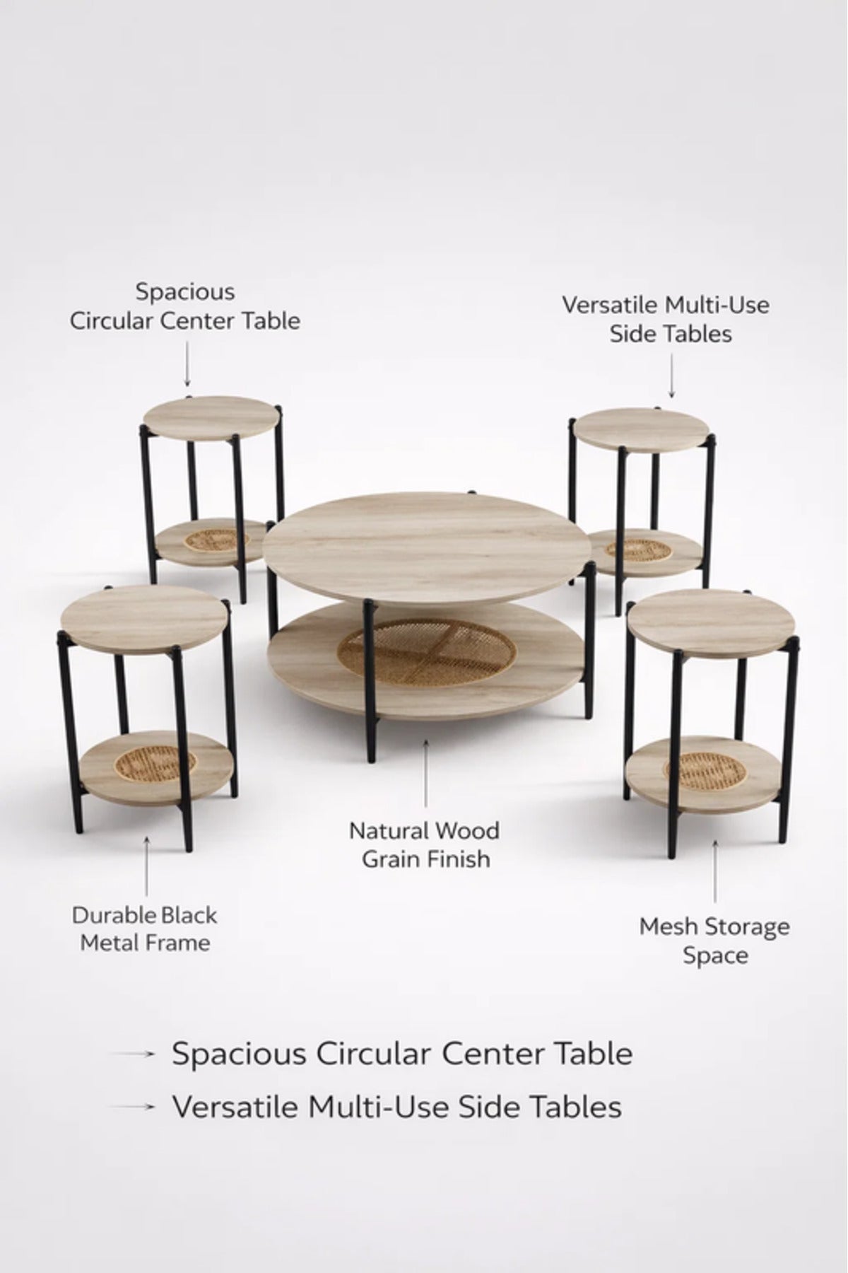 Modern 5-Piece L.WOOD Concrete and Metal Coffee Table Set