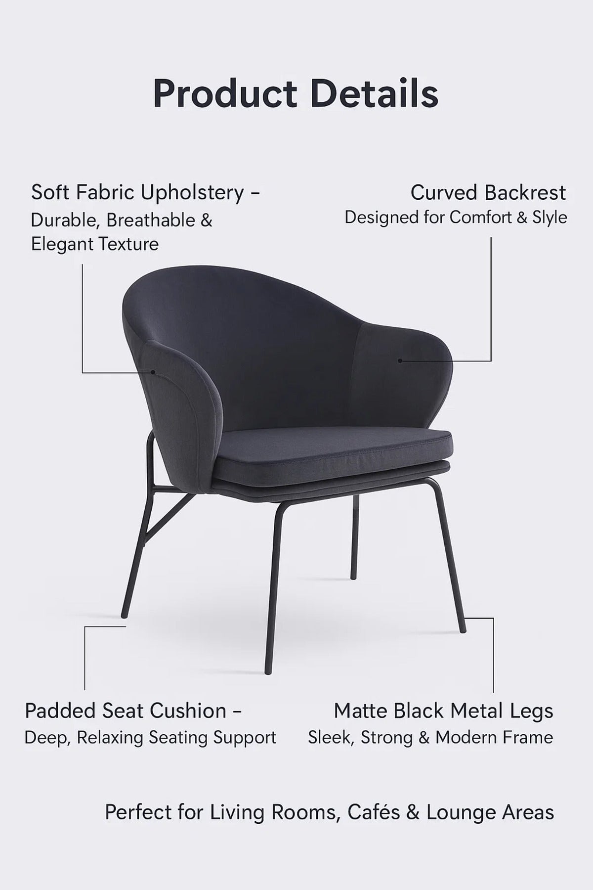 Dark Grey Accent Armchair, Modern Fabric Lounge Chair for Living Room, Office Cabin & Study Room
