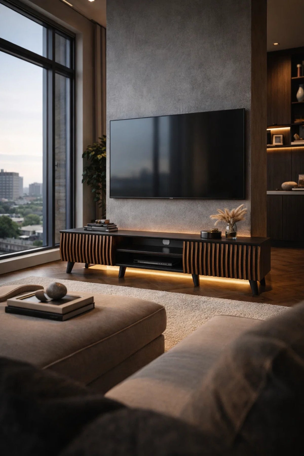 Modern Wooden TV Stand Black and Dark Brown with Slatted Design 180 x 40 x 43 cm