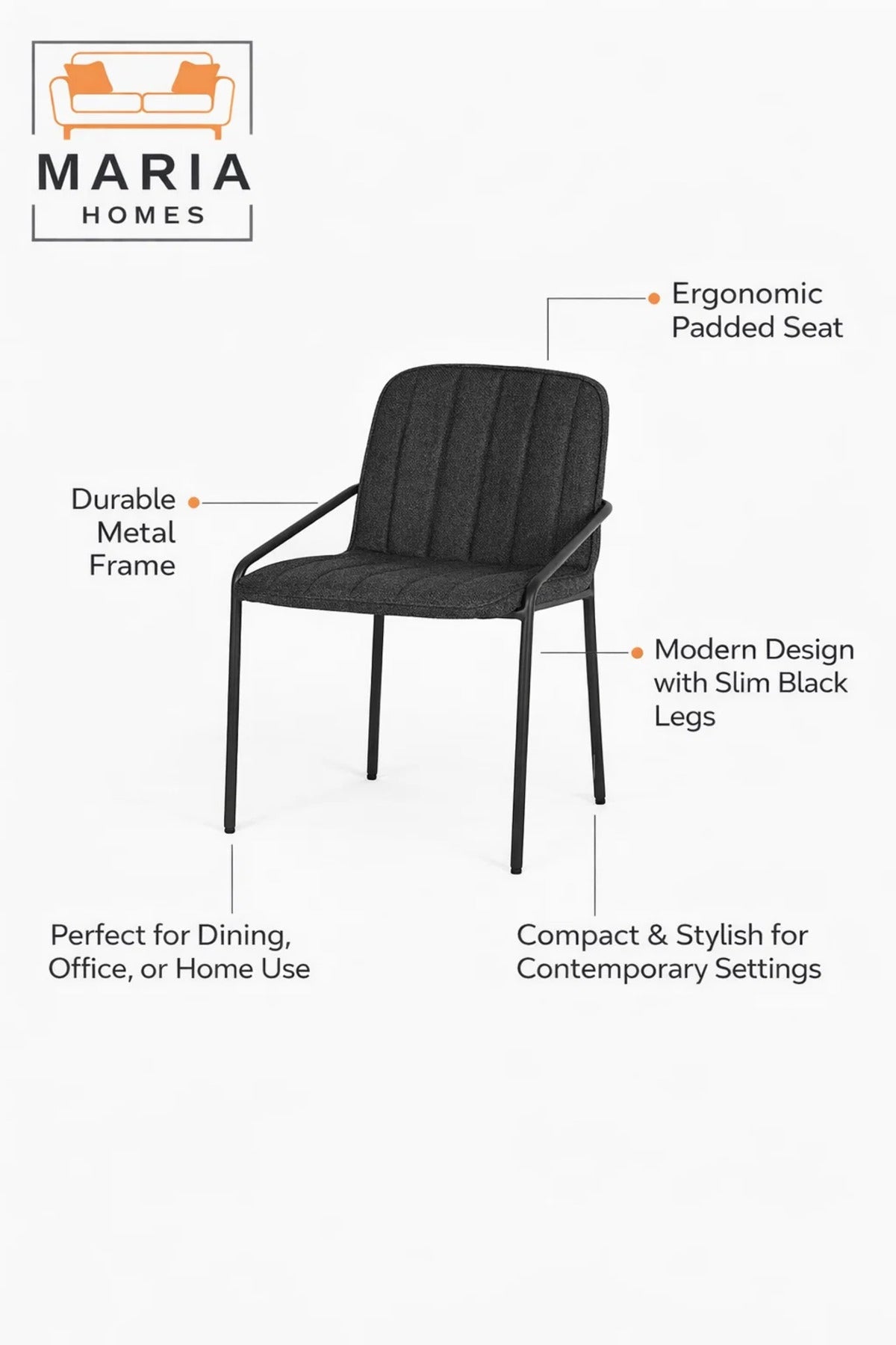 Deep Grey Upholstered Dining Chair with Black Metal Legs Ð Modern Accent Chair
