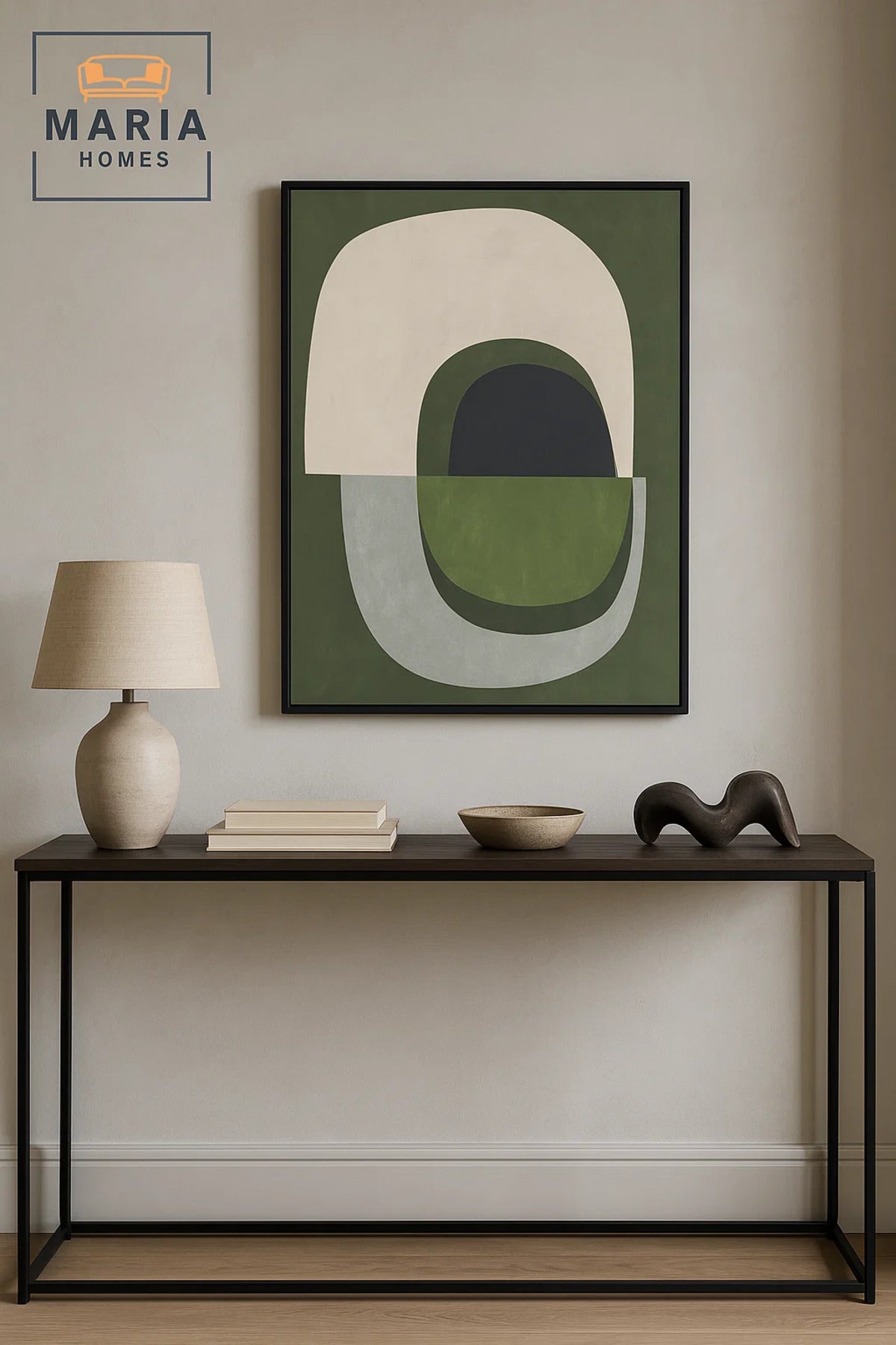 Framed Abstract Wall Art Ð Green & Neutral Organic Shapes Composition and 120*80 cm