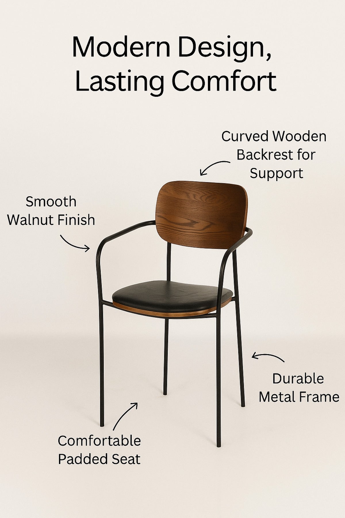 Dark Walnut Dining Chair Ð Modern Wood and Metal Armchair with Black Seat for Dining Room