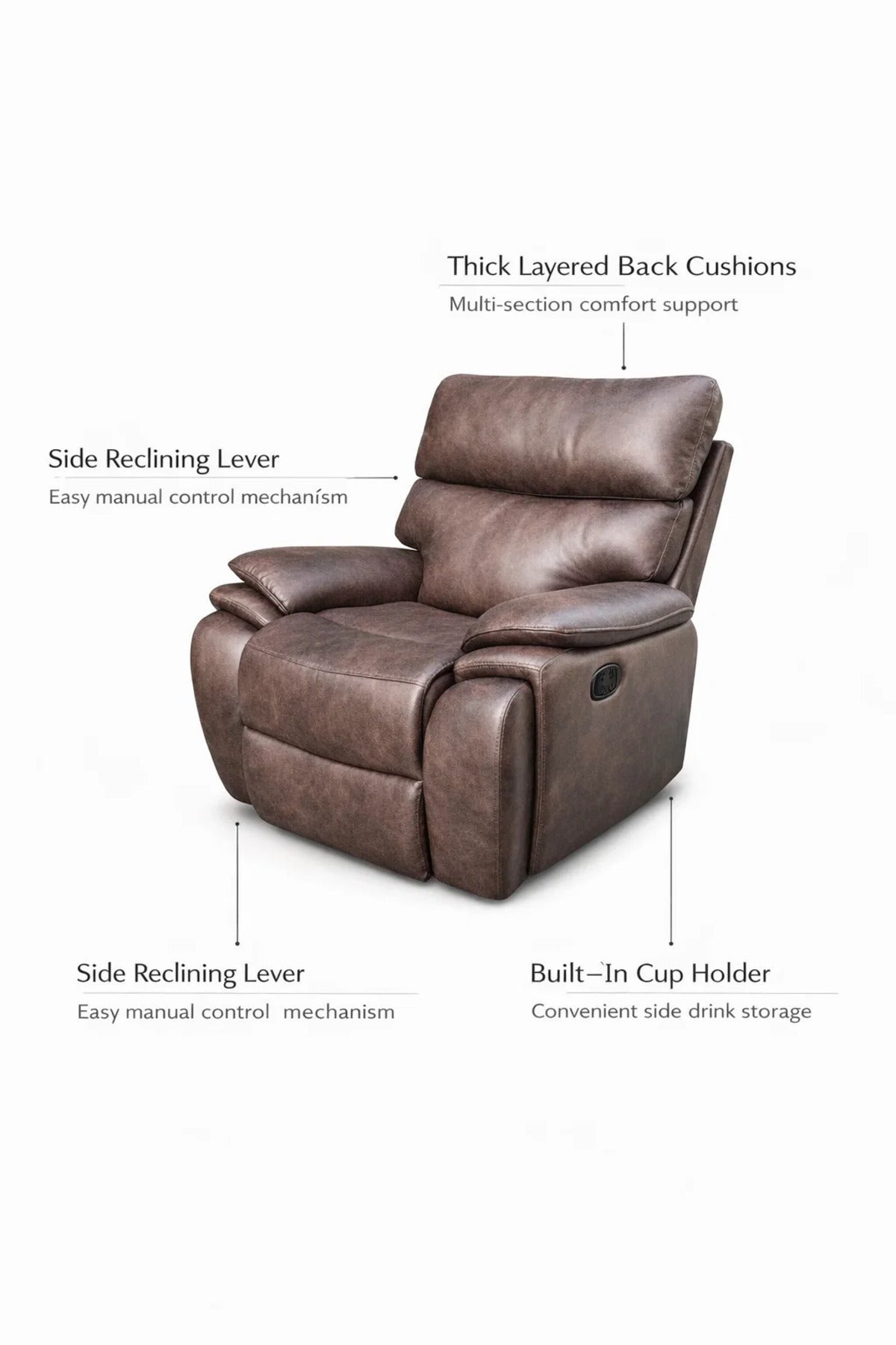 Modern Brown Recliner Sofa Chair with Cup Holder √ê Adjustable Comfort Seating