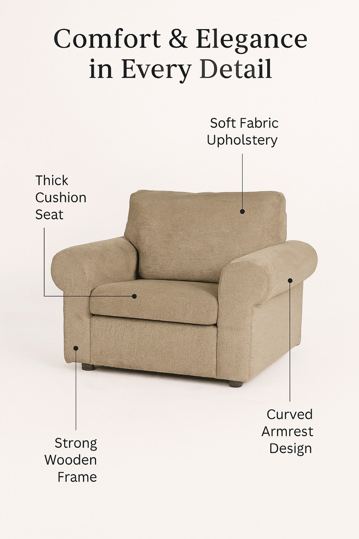 Coffee Brown Fabric Lounge Chair Comfortable Single Seater Armchair for Living Room, Bedroom