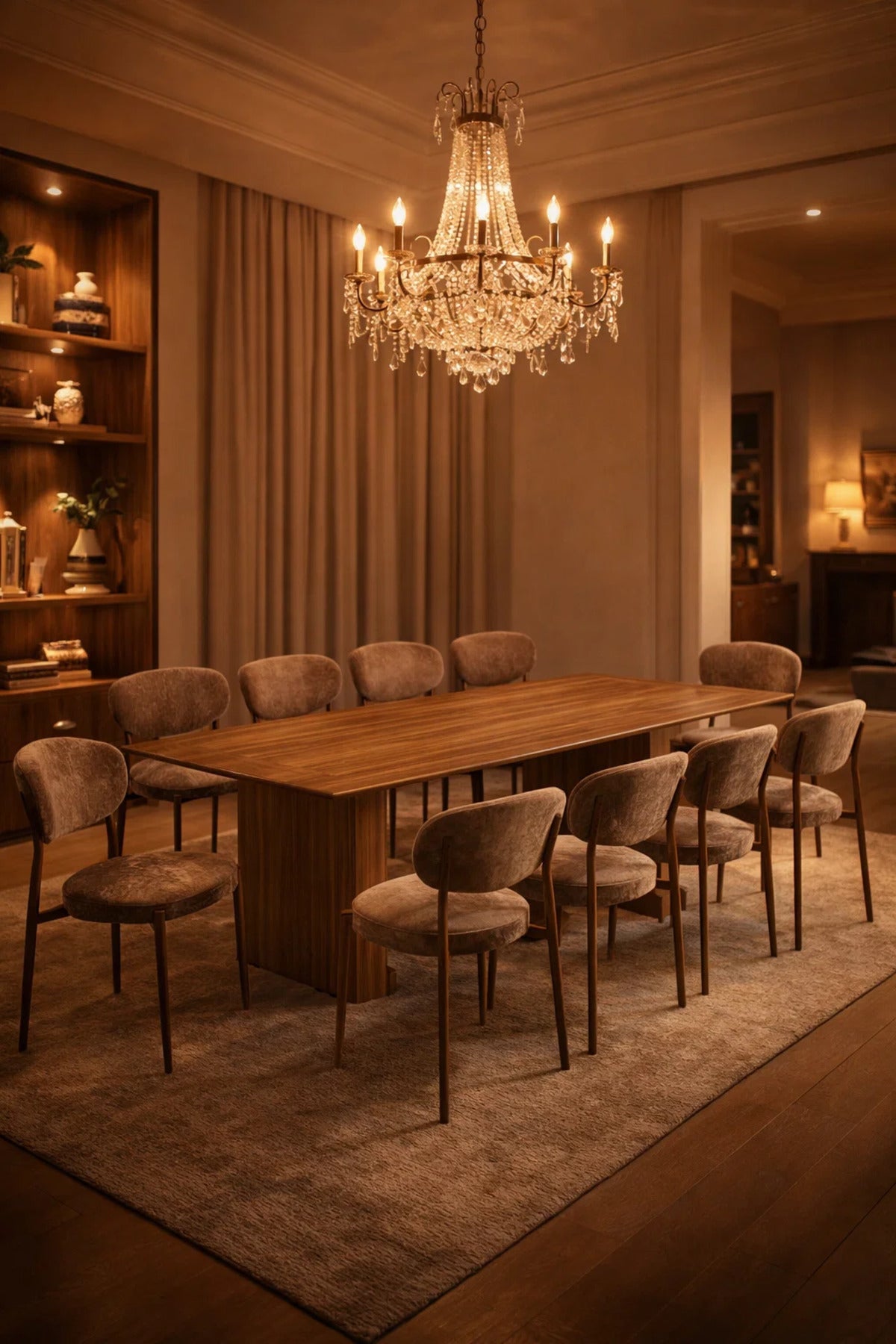 Modern 10 Seater Dining Table Set Wooden Top Upholstered Brown Chairs Large Family Room 220cm