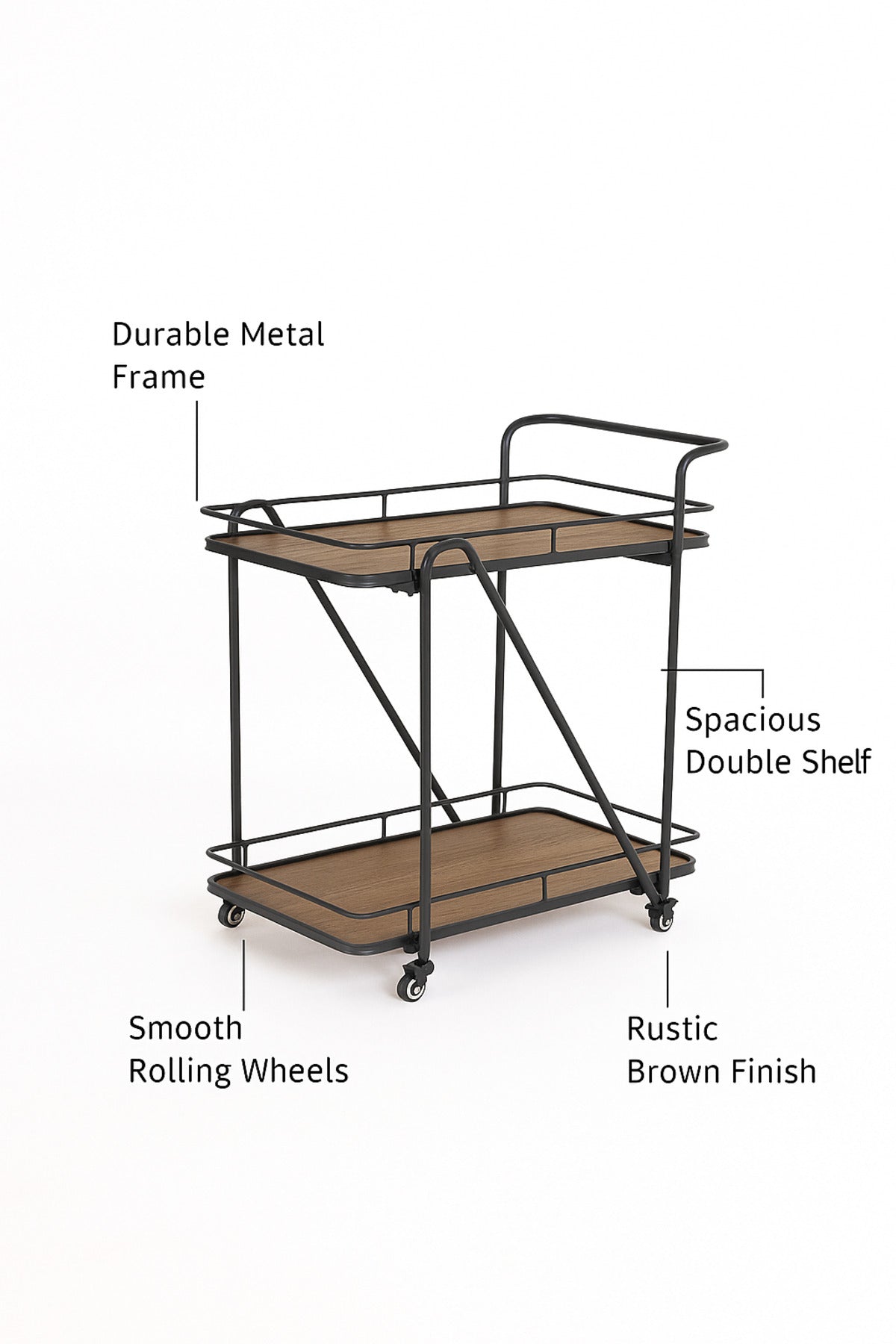 2-Tier Brown Serving Trolley with Wheels Tea & Coffee Cart | Metal Frame & Wood Shelves 70_40_85 cm