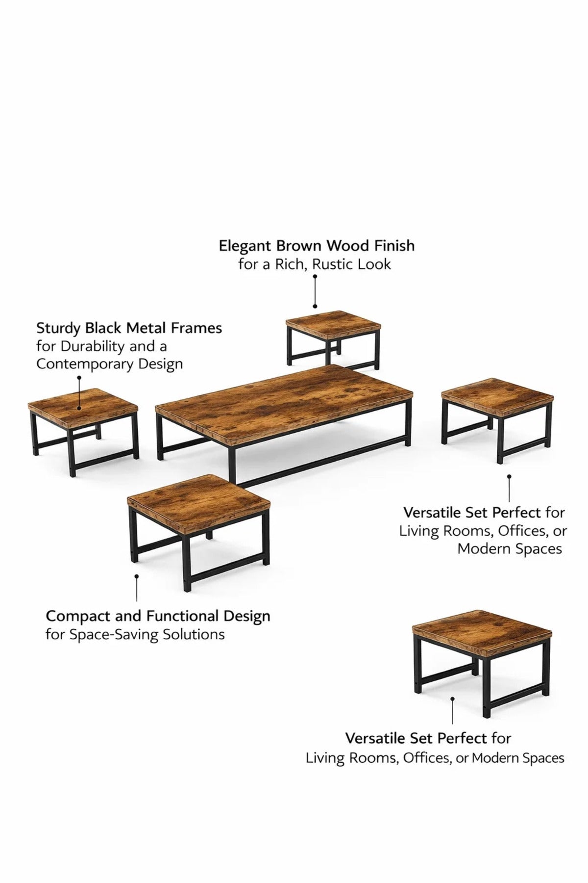 Modern 5-Piece Low Floor Coffee Table Set Industrial Wood Design Metal Legs Living Room Center Table