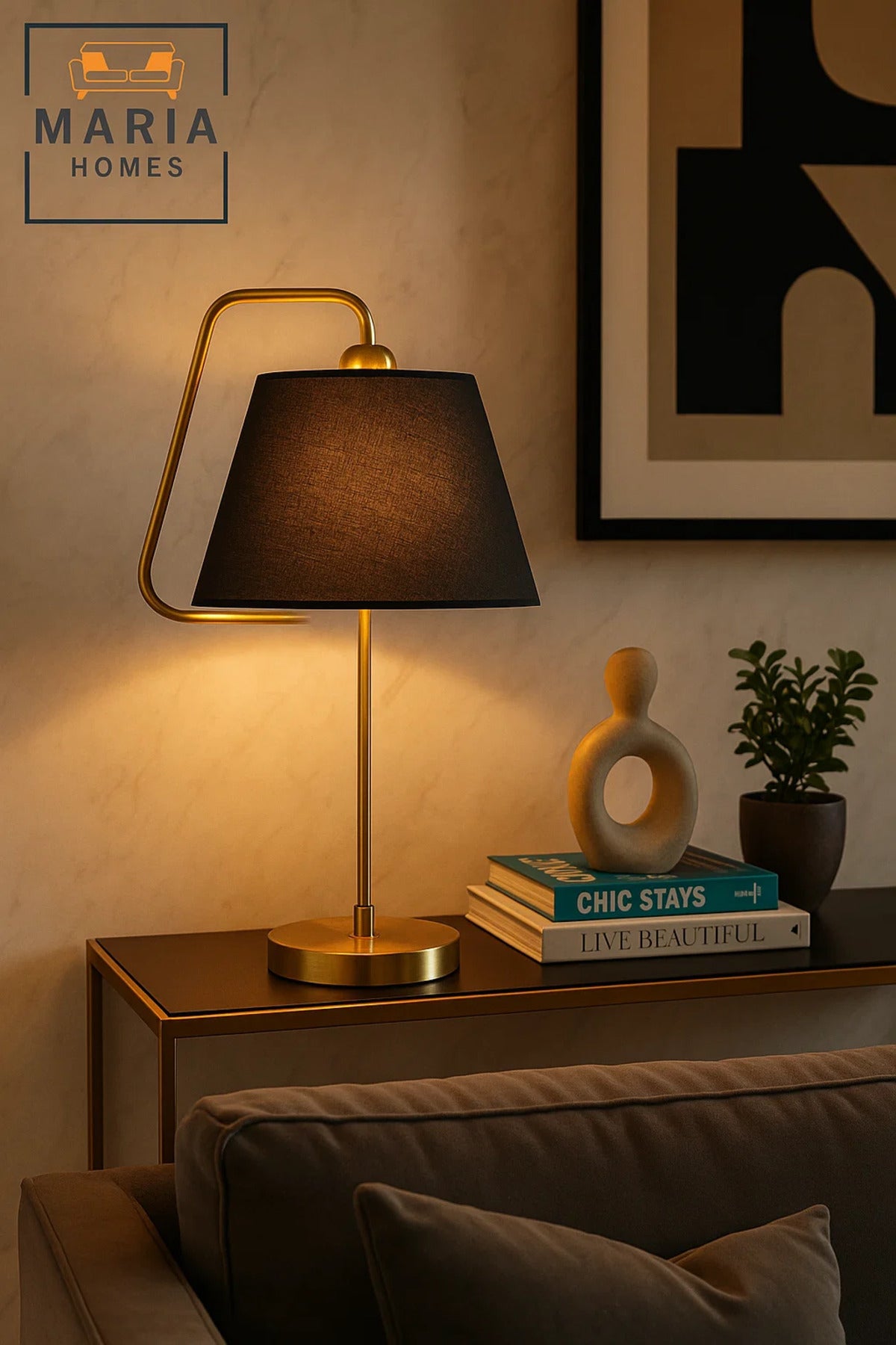 Gold Table Lamp with Black Tapered Shade