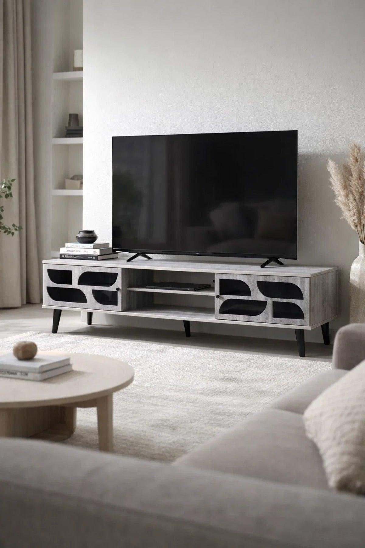 Modern Grey TV Table Media Console 180cm with Storage Shelves for Living Room Entertainment Center
