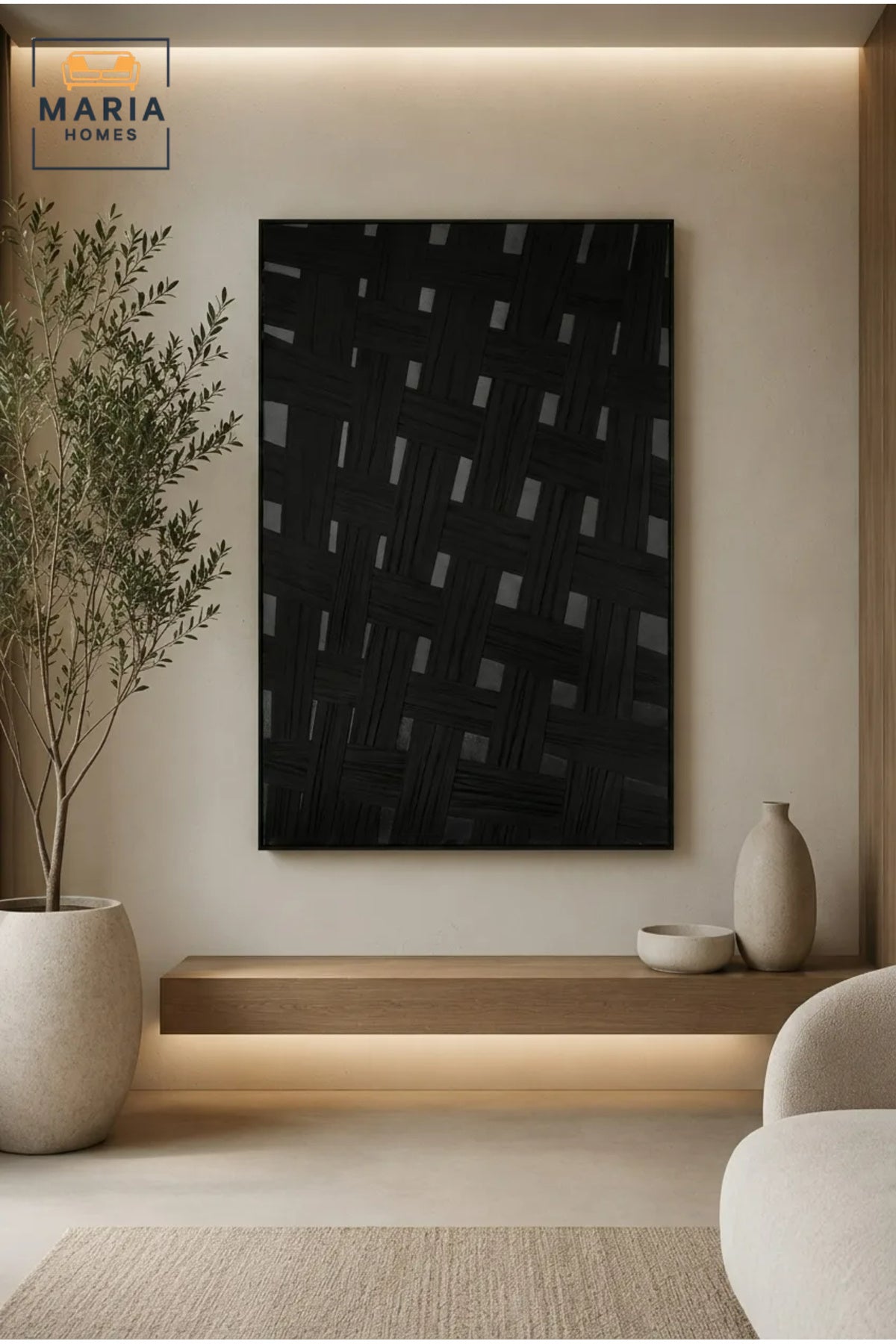 Modern Black Woven Pattern Framed Wall Art √ê Textured Abstract Decorative Painting for Living Room, Bedroom & Office D≈Ωcor