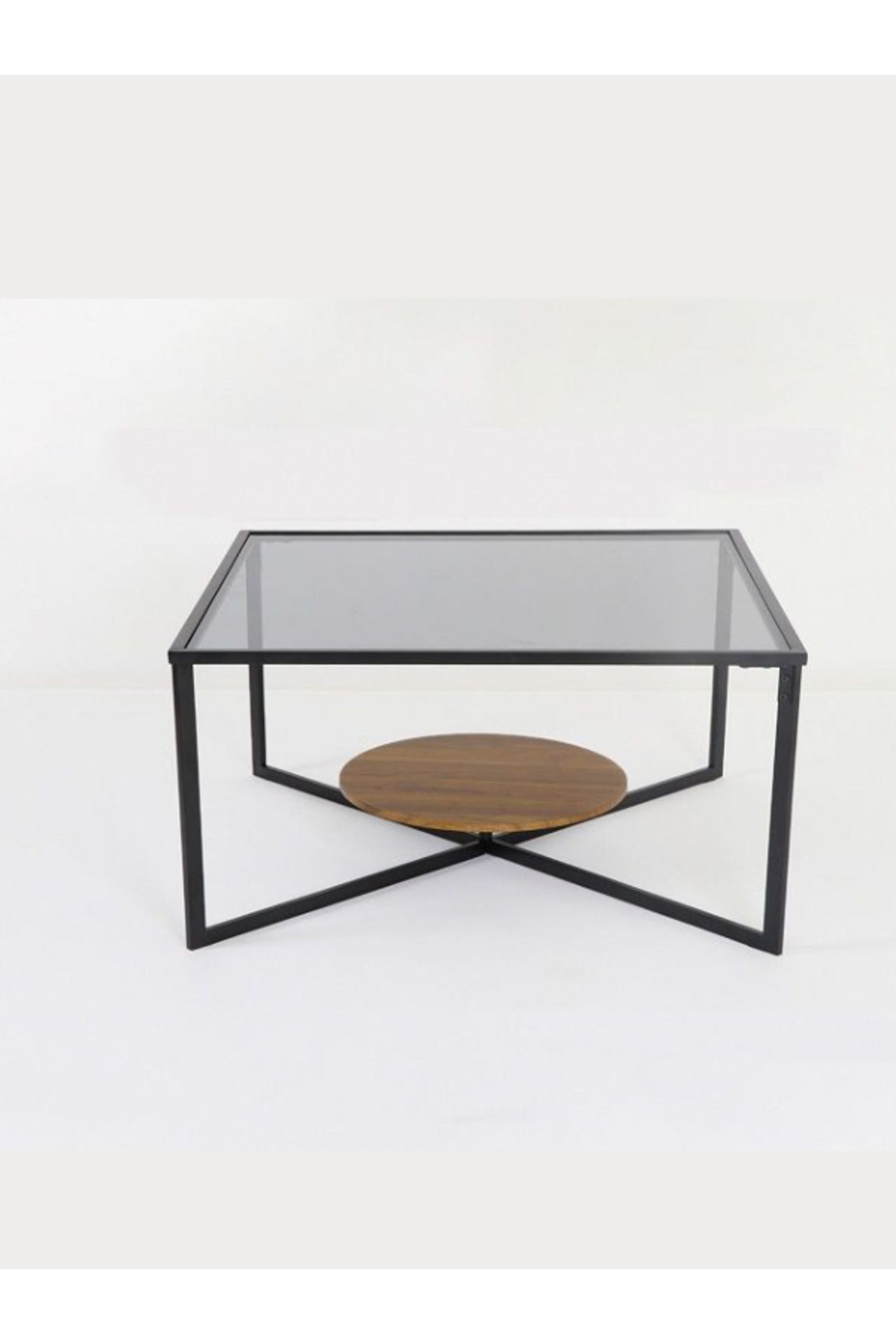 Modern Coffee Table with Black Metal Frame and Brown Wood Shelf Glass Top Table 75_75_46cm