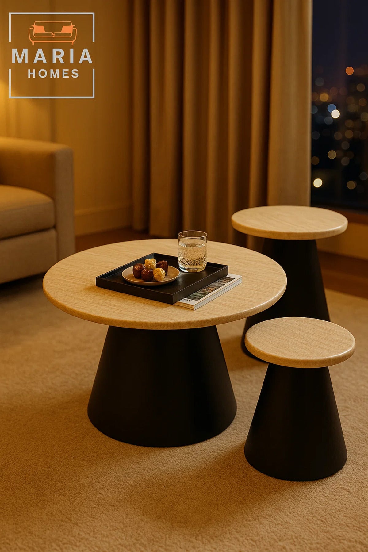 Modern Nesting Coffee Table Set 3-Piece Beige Marble Top with Black Cone Base for Living Rooms