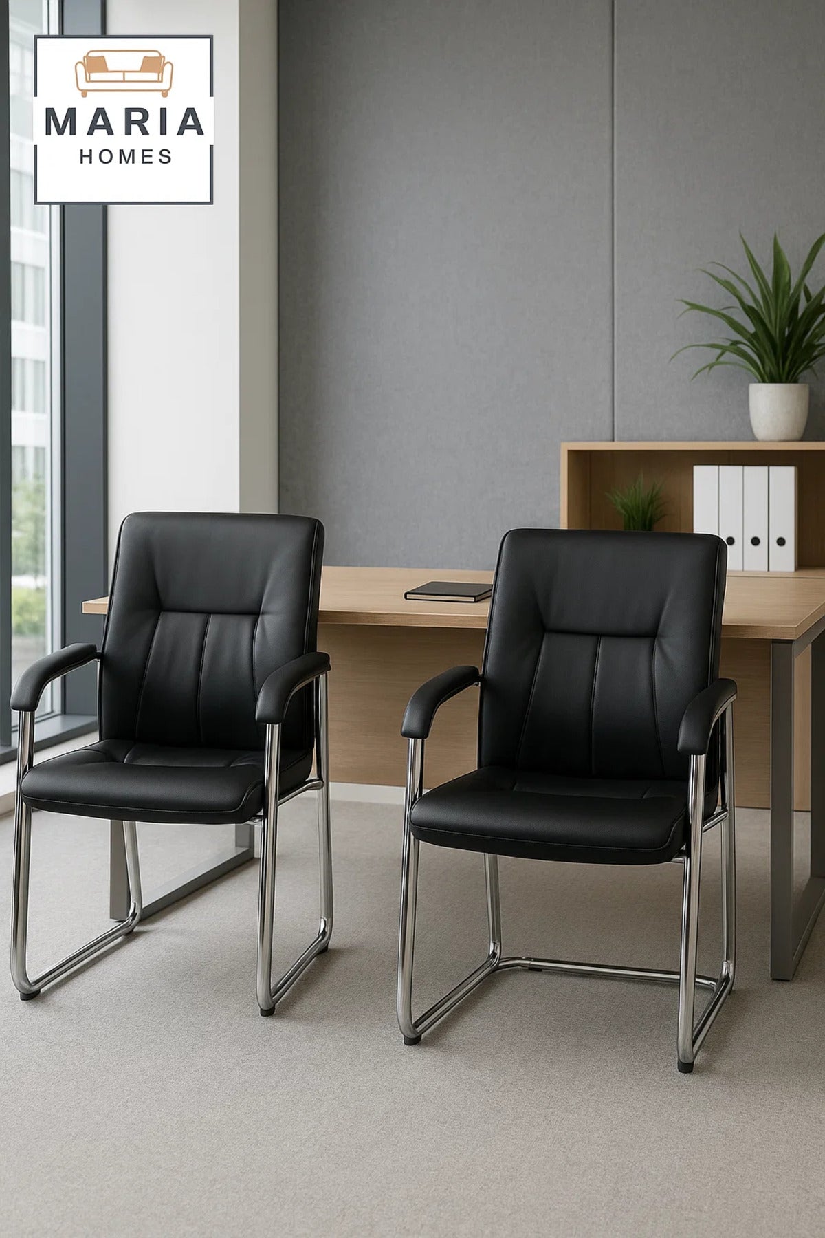 Comfortable Black Leather Office Visitor Chair with Padded Seat and Chrome Legs