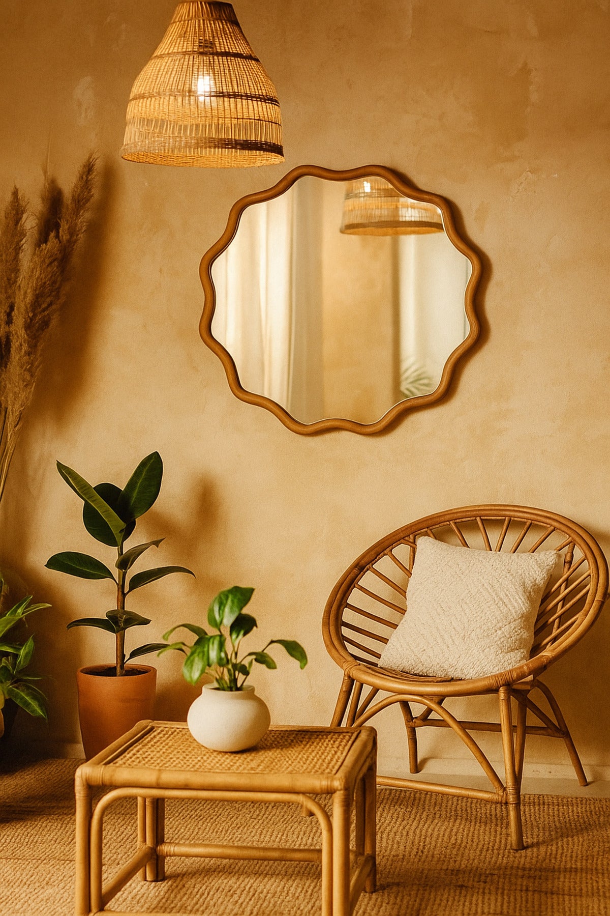Round Wavy Frame Decorative Wall Mirror Ð Natural Wood 77_77 cm