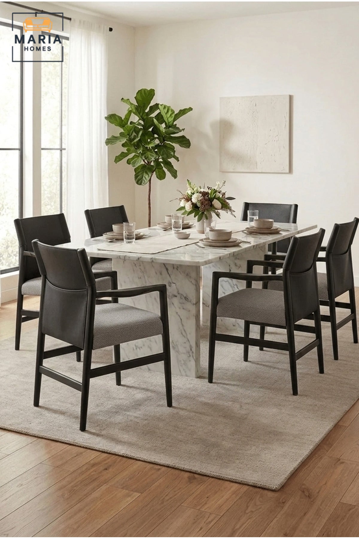 Modern Black Dining Chair with Armrests, PU Leather Backrest and Grey Upholstered Seat for Dining Room, Kitchen, Restaurant and Office