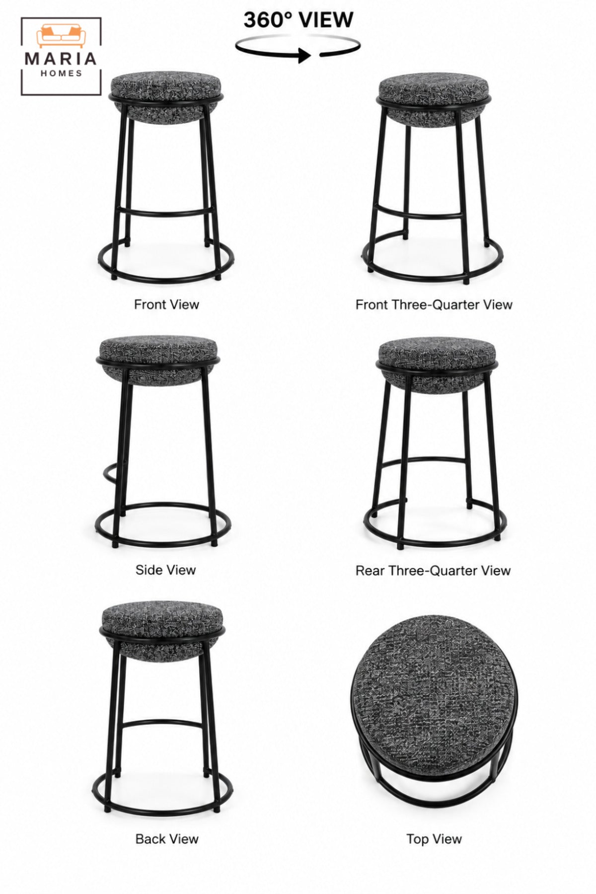 Modern Round Bar Stool with Padded Fabric Seat & Circular Footrest | Grey Upholstered High Counter Chair with Slim Black Frame for Kitchen and Café 70x33cm