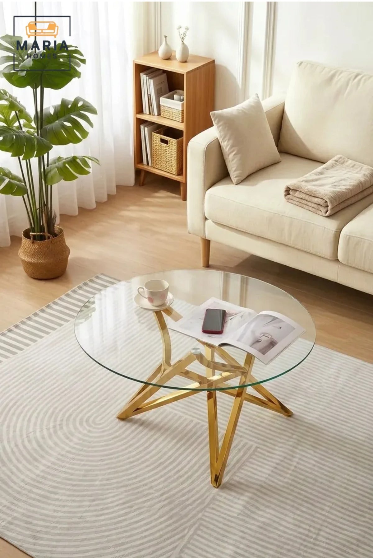 Modern Round Glass Coffee Table with Gold Metal Base √ê Luxury Tempered Glass Center Table for Living Room, Lounge & Contemporary Interiors