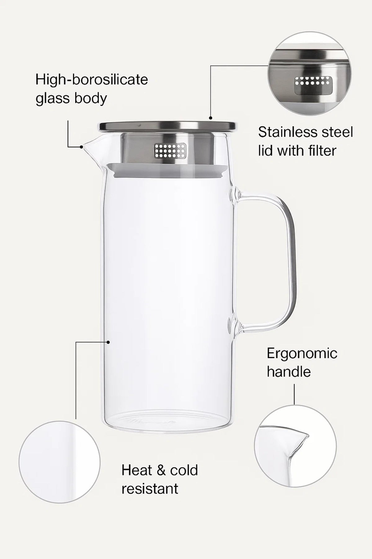 Borosilicate Glass Water Pitcher with Stainless Steel Lid Ð 1.5 Liter with Filter Spout