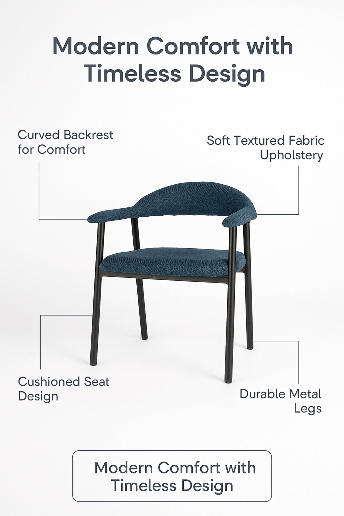 Blue Fabric Dining Chair Ð Modern Minimalist Armchair with Black Metal Legs for Dining Room & Office