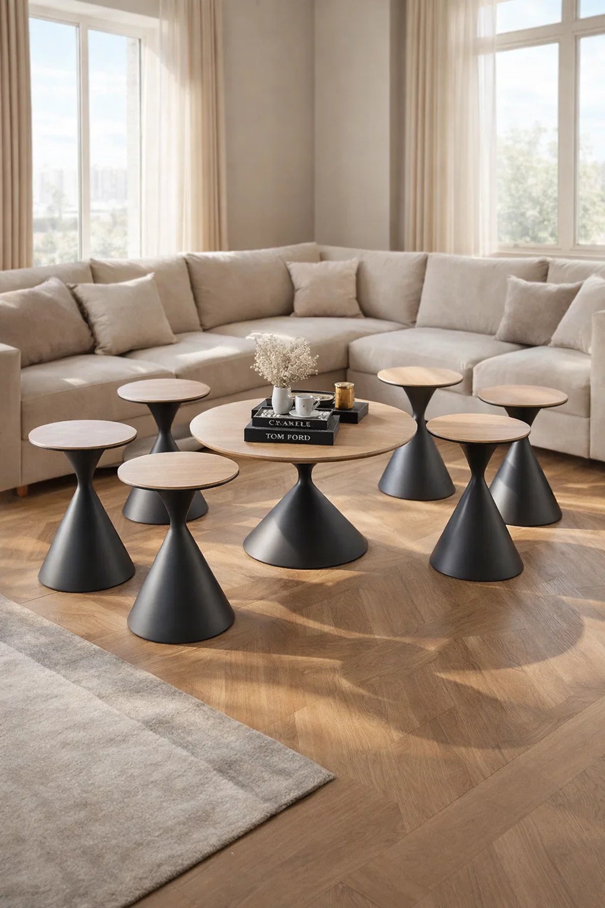 Modern 7-Piece Center Table Set 1 Large 6 Small Round Coffee Tables Light Brown Top Dark Base