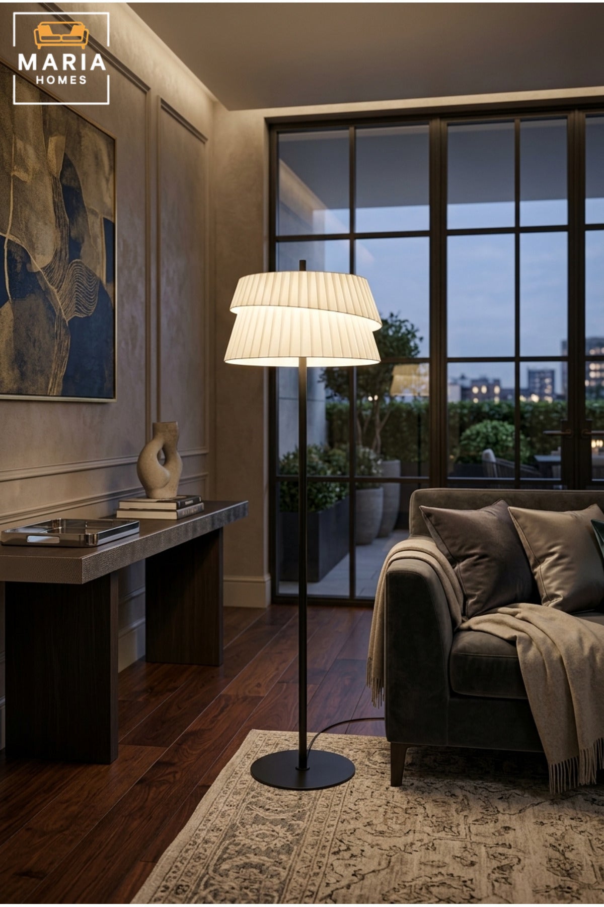 Modern Floor Lamp with Layered Pleated Fabric Shade, Slim Upright Stand and Round Base Decorative Standing Light for Living Room Bedroom Office and Hotel