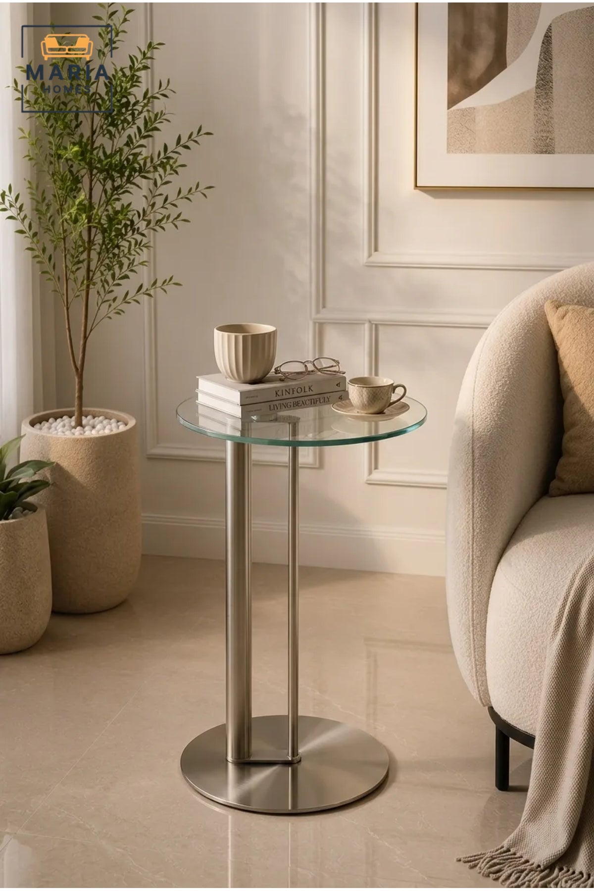 Modern Round Glass Side Table with Brushed Stainless Steel Base and Contemporary Accent Design