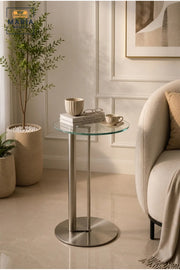 Modern Round Glass Side Table with Brushed Stainless Steel Base and Contemporary Accent Design