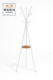 White Tripod Metal Coat Rack with Wooden Shelf