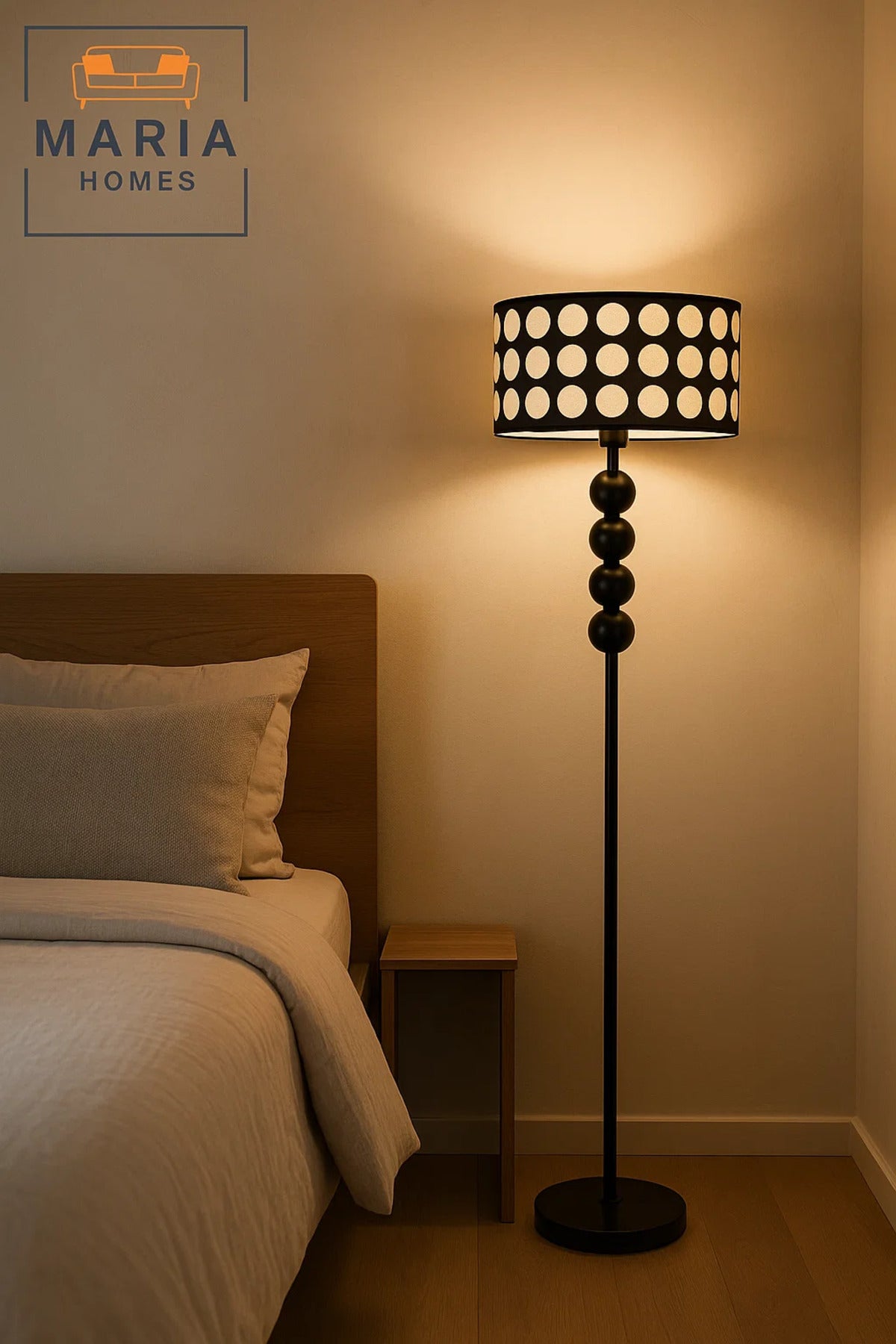 Black Floor Lamp with Polka Dot Shade and Sphere Accent
