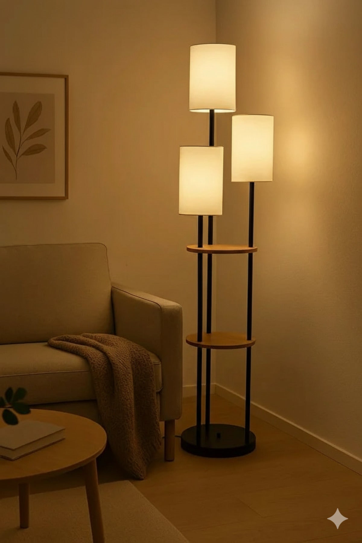 Multi-Light Floor Lamp with Shelves and Cream Shades