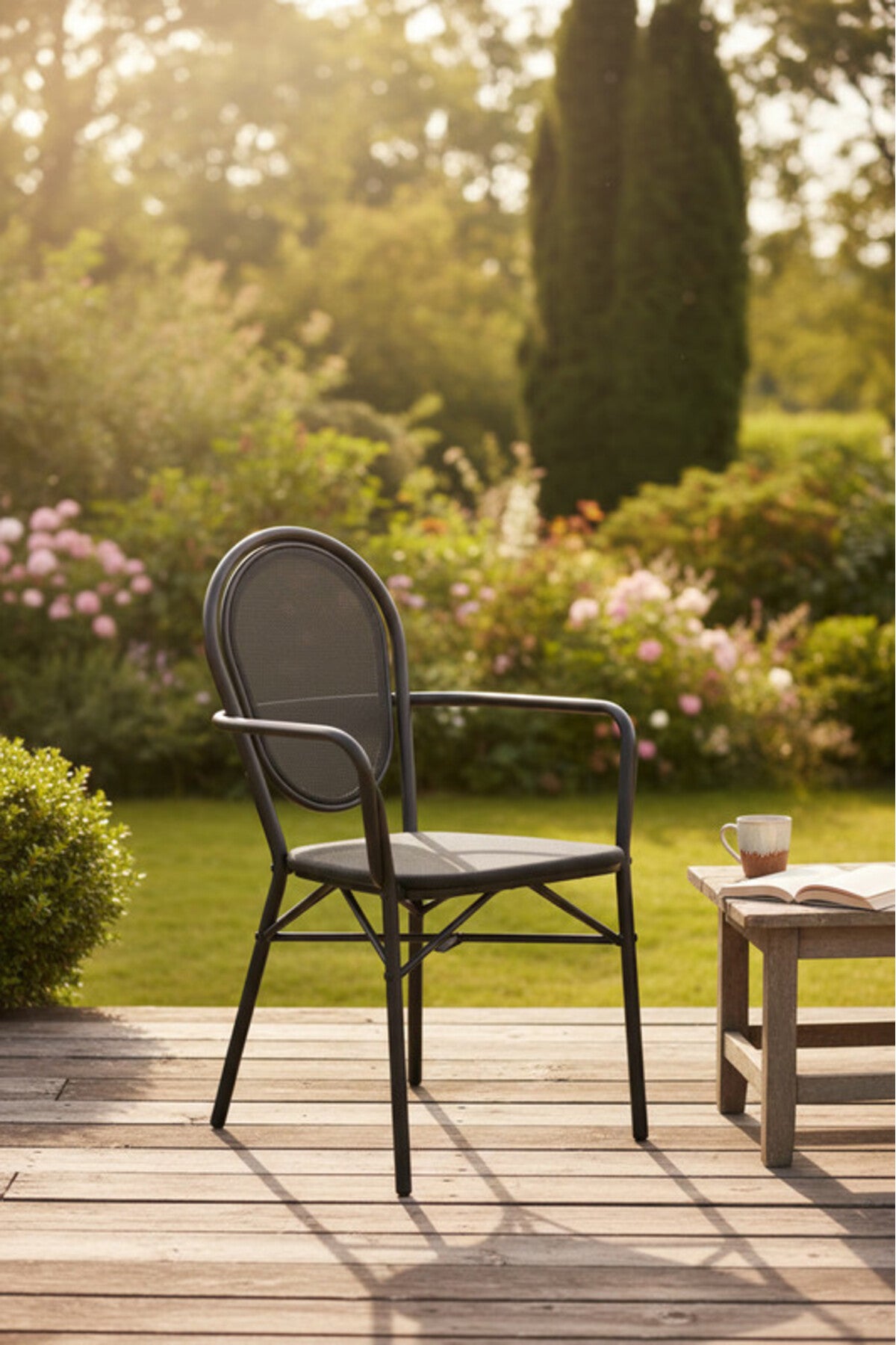 Modern BLACK Outdoor Rattan Armchair with Woven Seat & Metal Frame