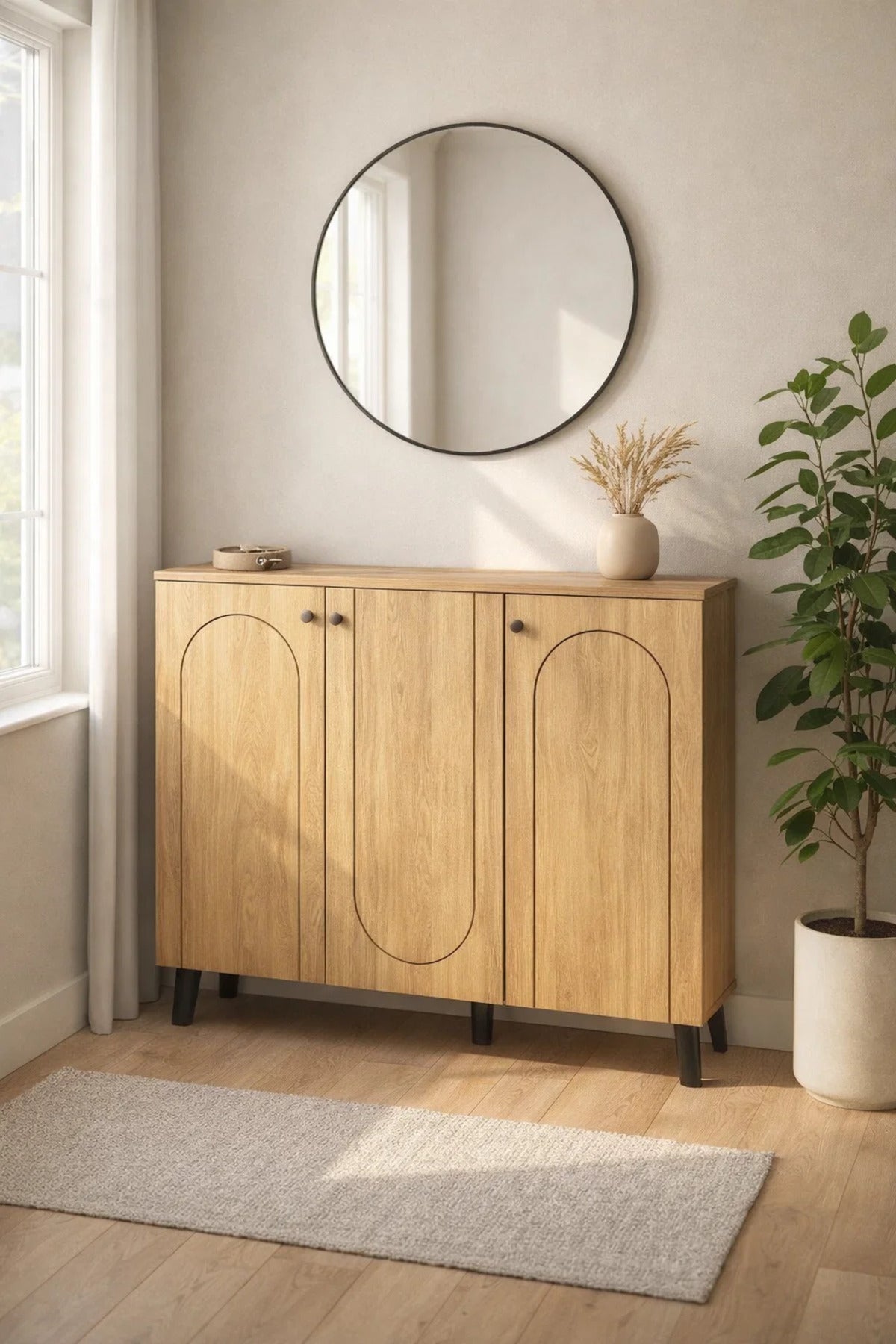 Light Brown Wooden Shoe Cabinet with 3 Doors 120 x 32 x 94 cm