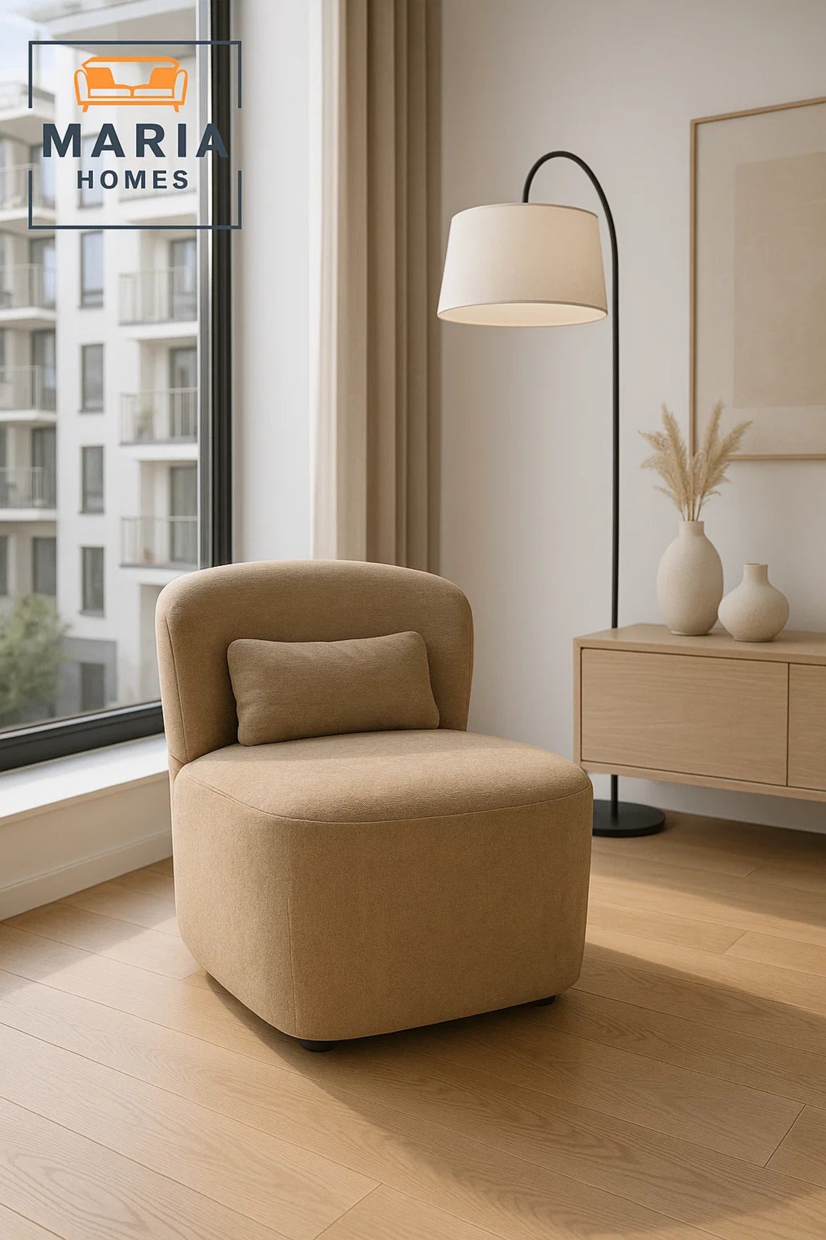 Modern Lounge Chair Ð Soft Beige Fabric Accent Chair with Back Cushion