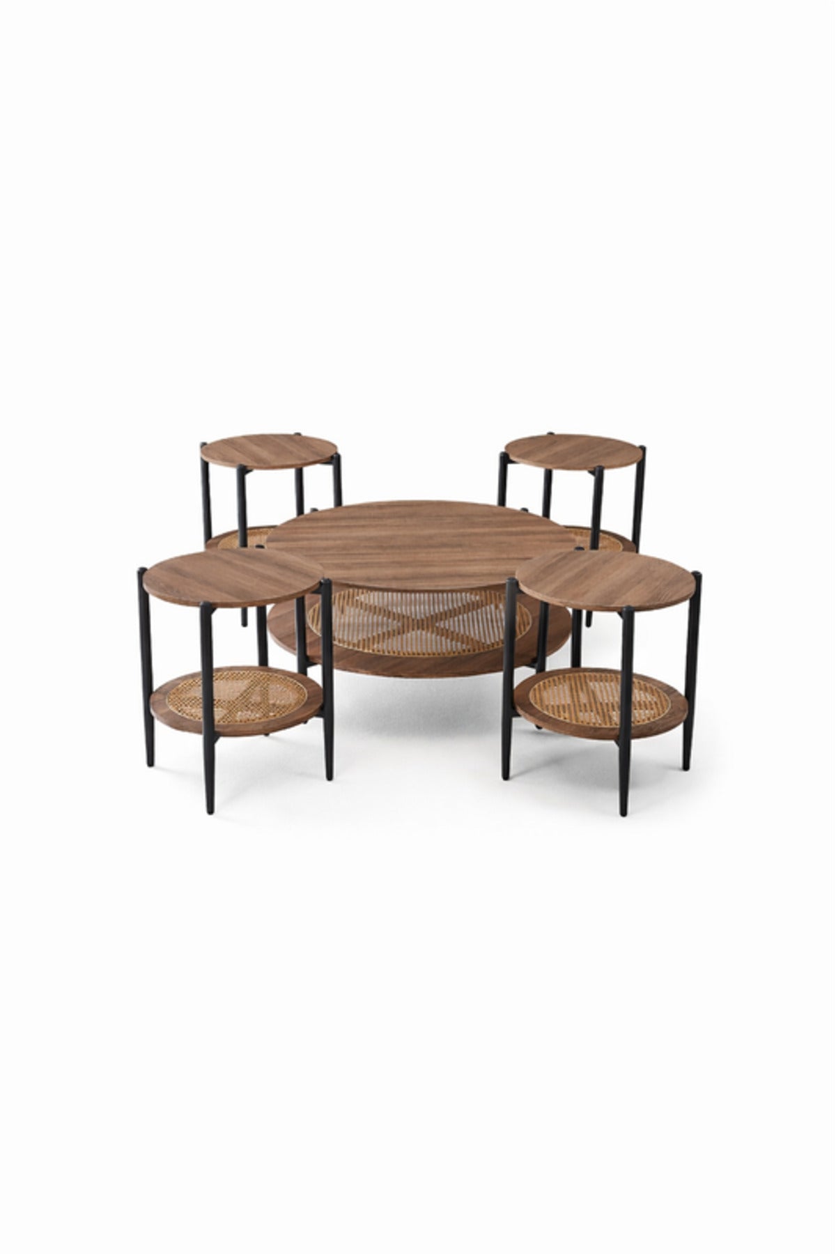 Luxury 5-Piece Round Coffee Table Set Brown Wood Finish with Rattan Shelf for Modern Living Room