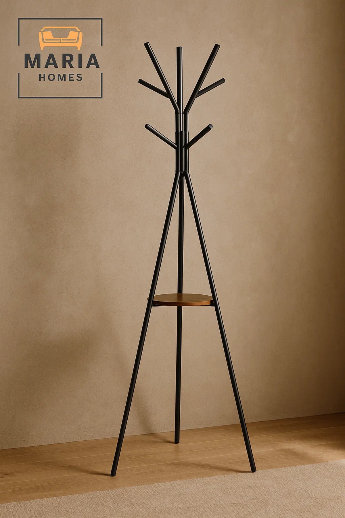 Black Tripod Coat Rack with Wooden Shelf