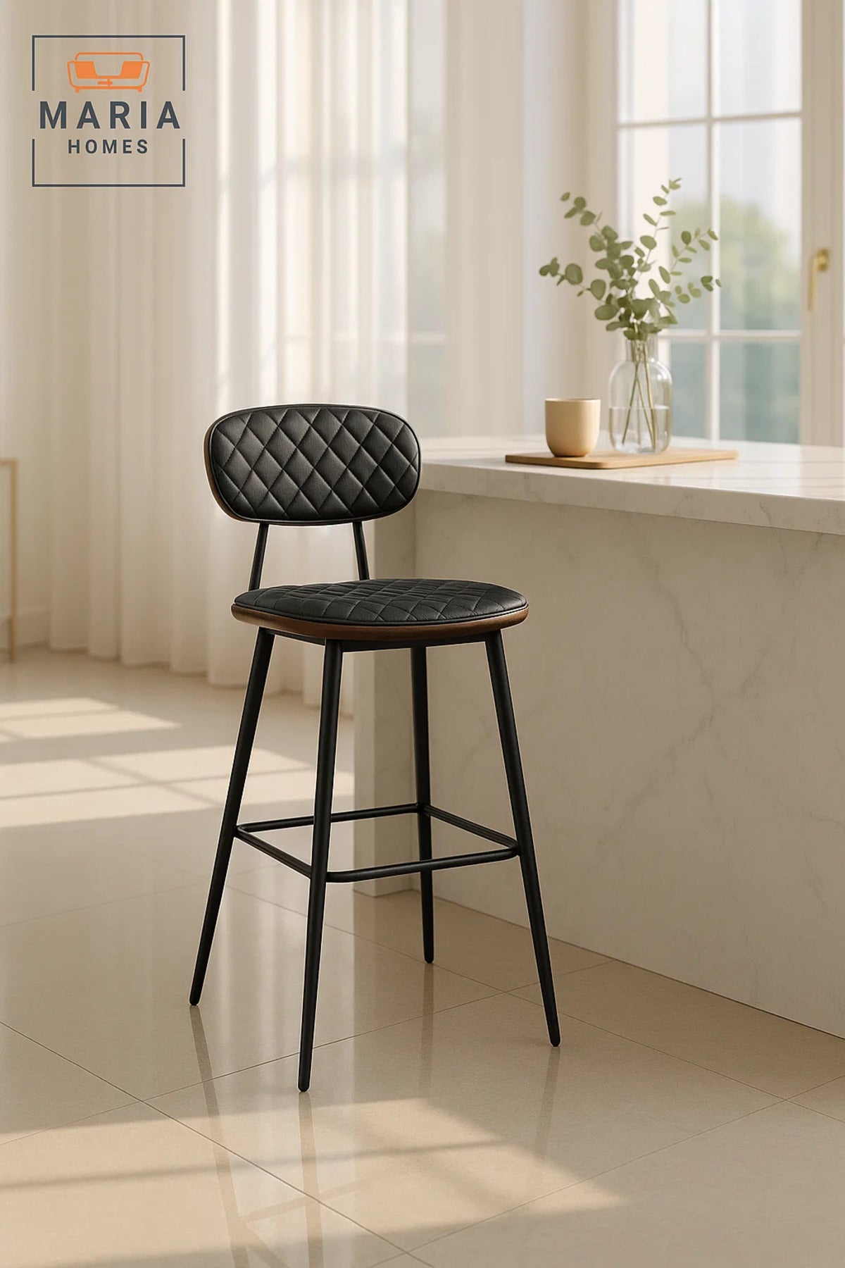Stylish Black Bar Stool with Leather Seat, High Counter Chair for Home, Kitchen, CafŽ & Office