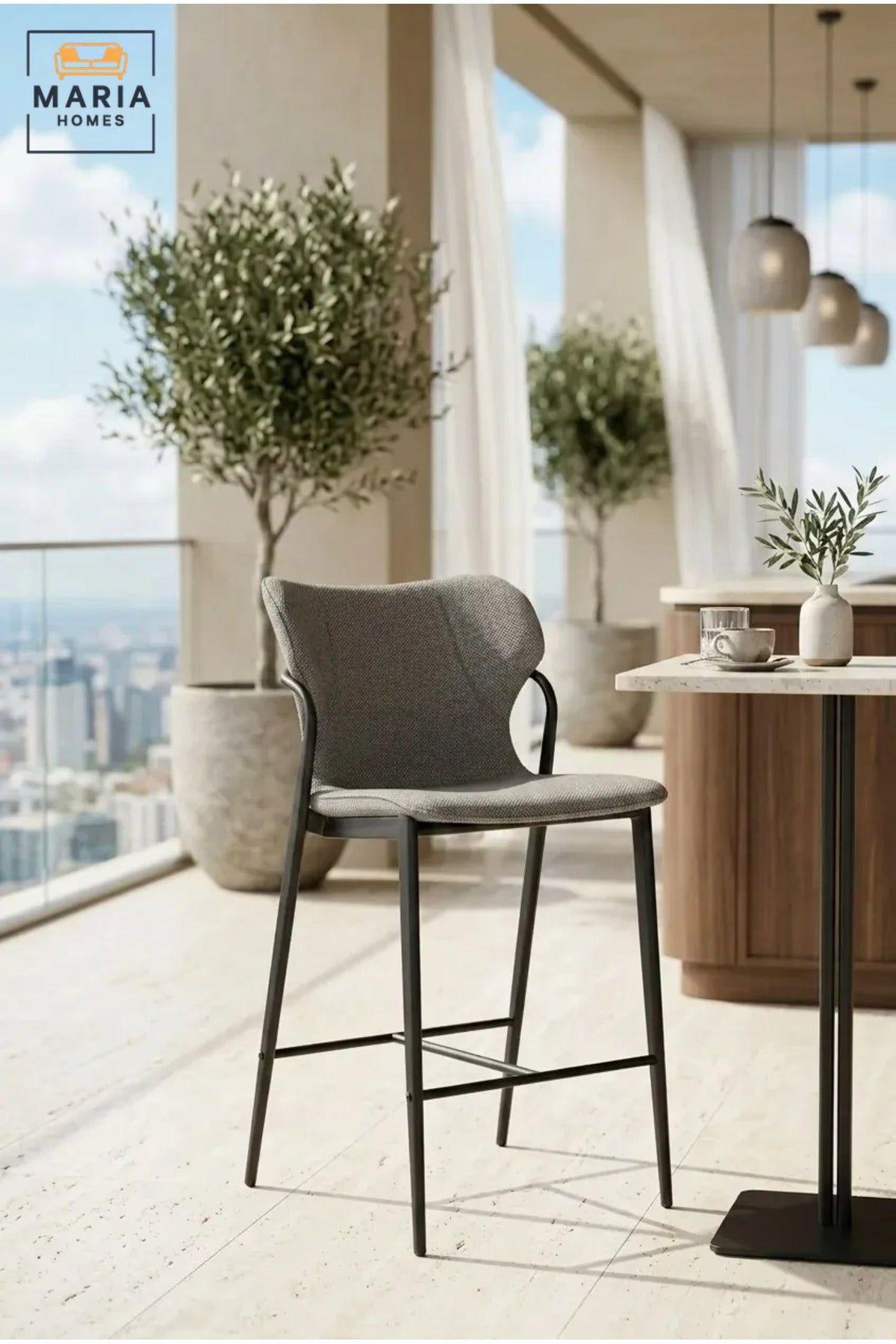 Modern Grey Upholstered Bar Chair – Contemporary Counter Height Stool with Metal Frame & Footrest
