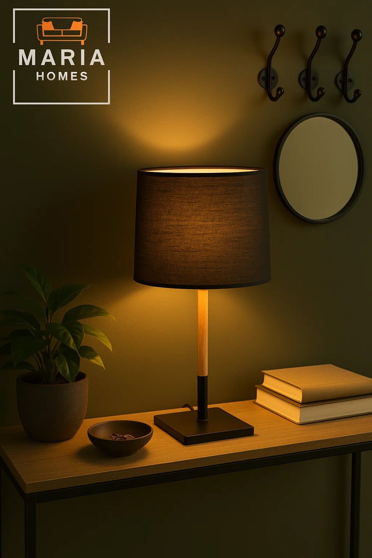 Modern Black Table Lamp with Wooden Stand for Home Office or Bedroom Lighting