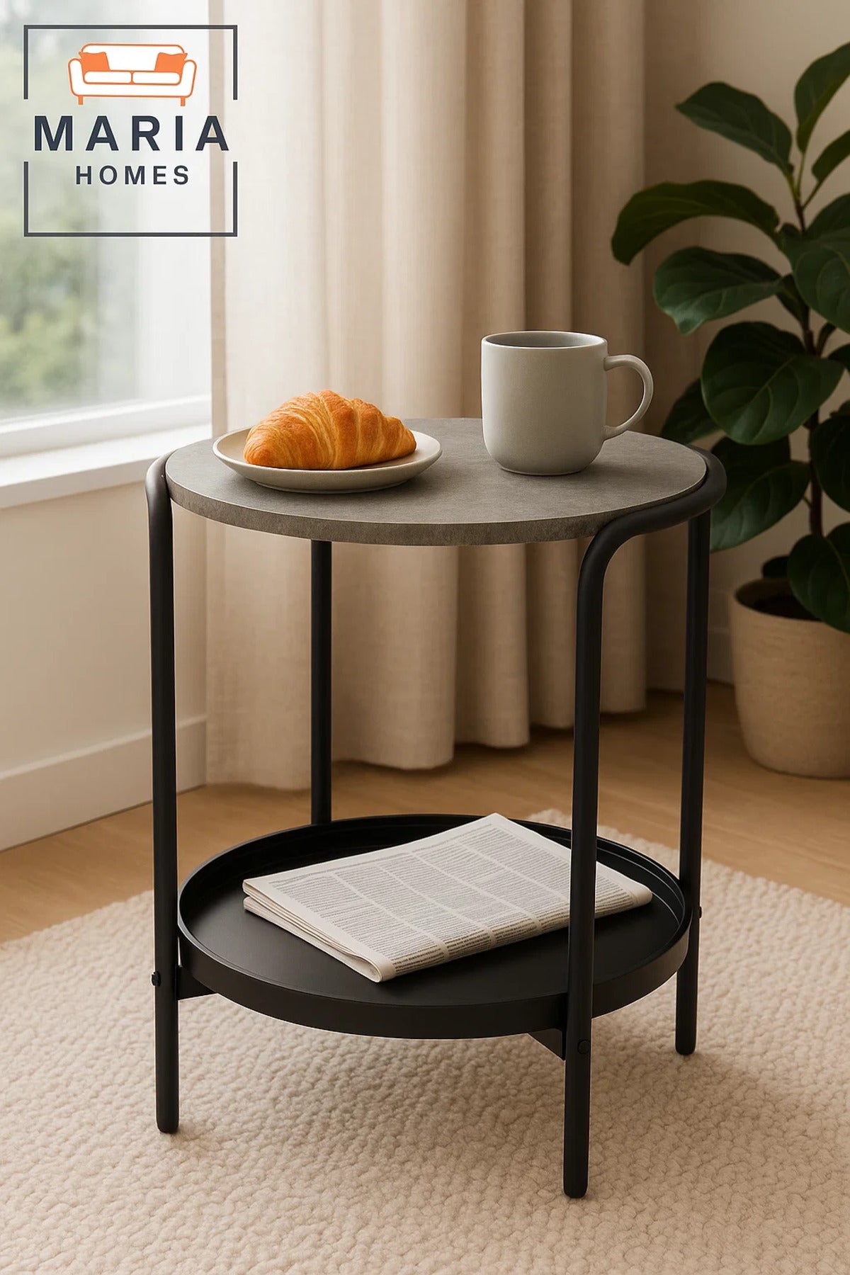 Modern Round Side Table with Stone-Texture Top and Black Tray Shelf