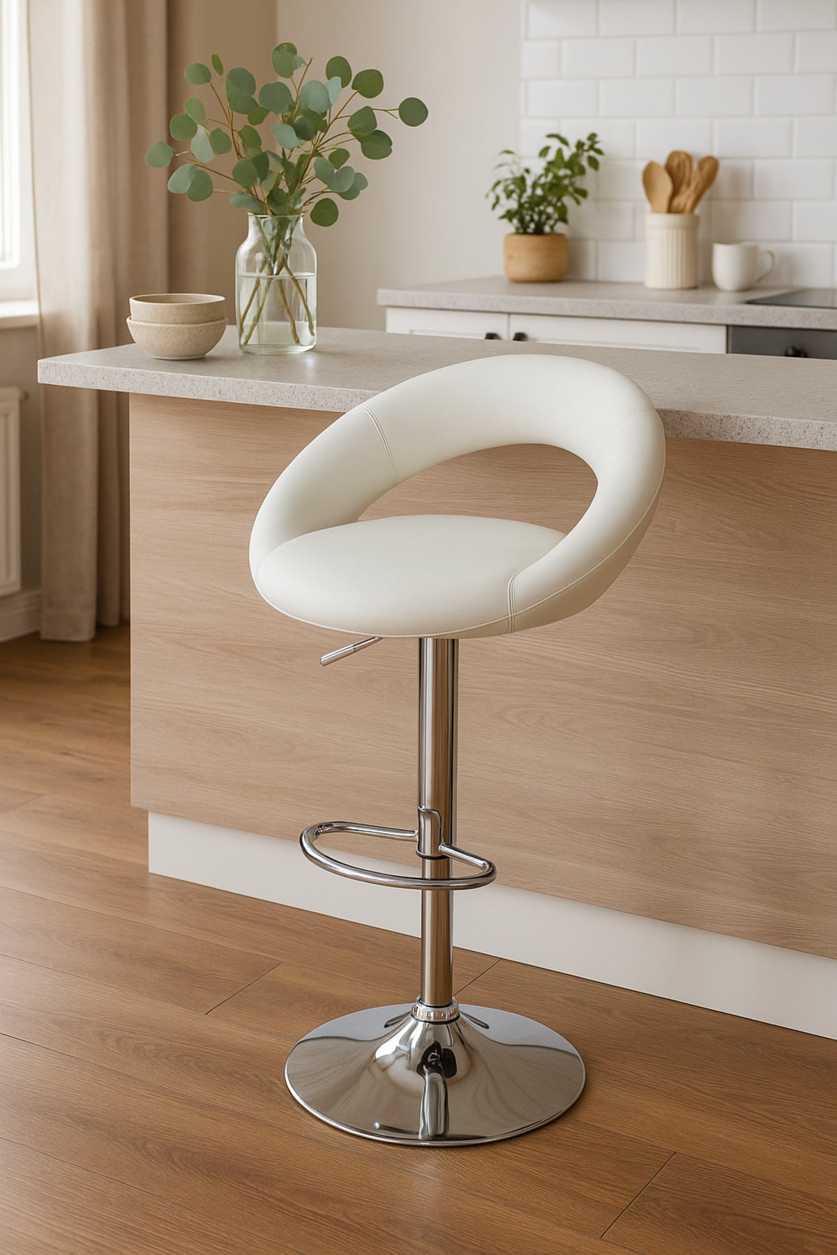 Modern Adjustable White Bar Stool With Chrome Base And Footrest Ð Sleek Seating For Home Or Bar Use