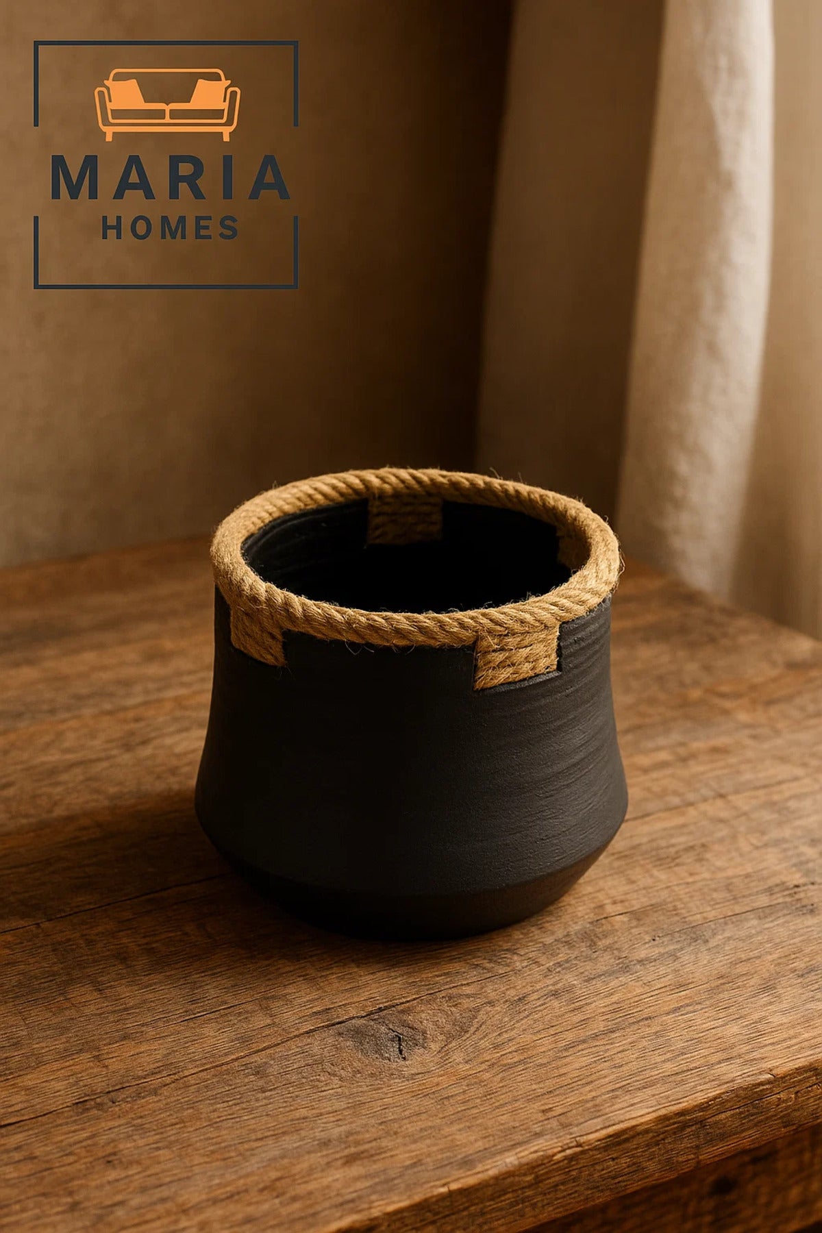 Rustic Black Ceramic Pot with Natural Jute Wrap Ð Small Decorative Accent