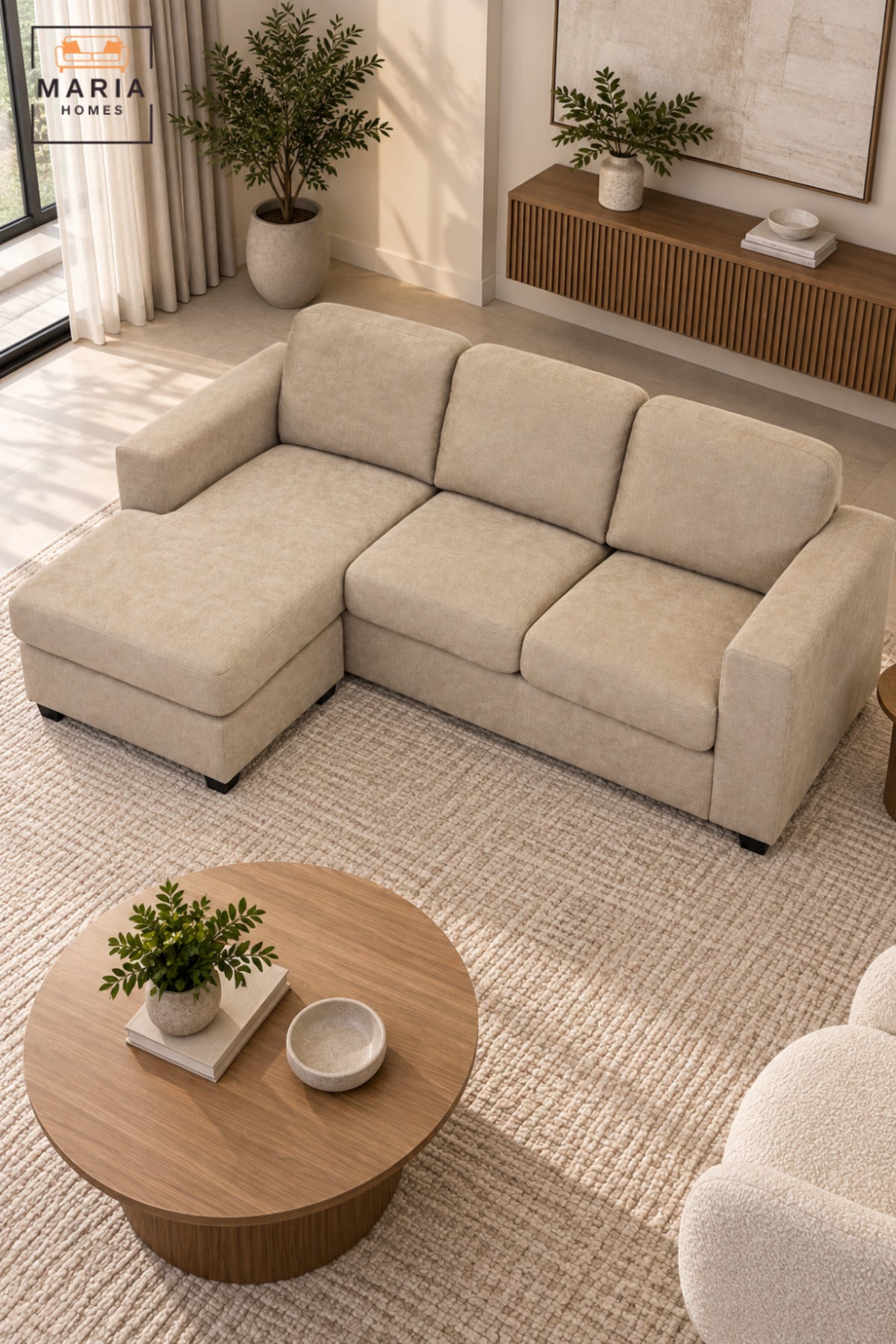L-Shaped Beige Sectional Sofa with Left Chaise | 3-Seater Upholstered Couch with Deep Cushions, Wide Armrests & Modern Living Room Seating
