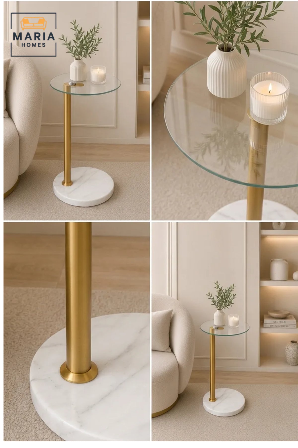 Modern Glass Side Table with White Marble Base √ê Round Tempered Glass Accent Table with Gold Metal Frame for Living Room, Bedroom & Luxury Interiors