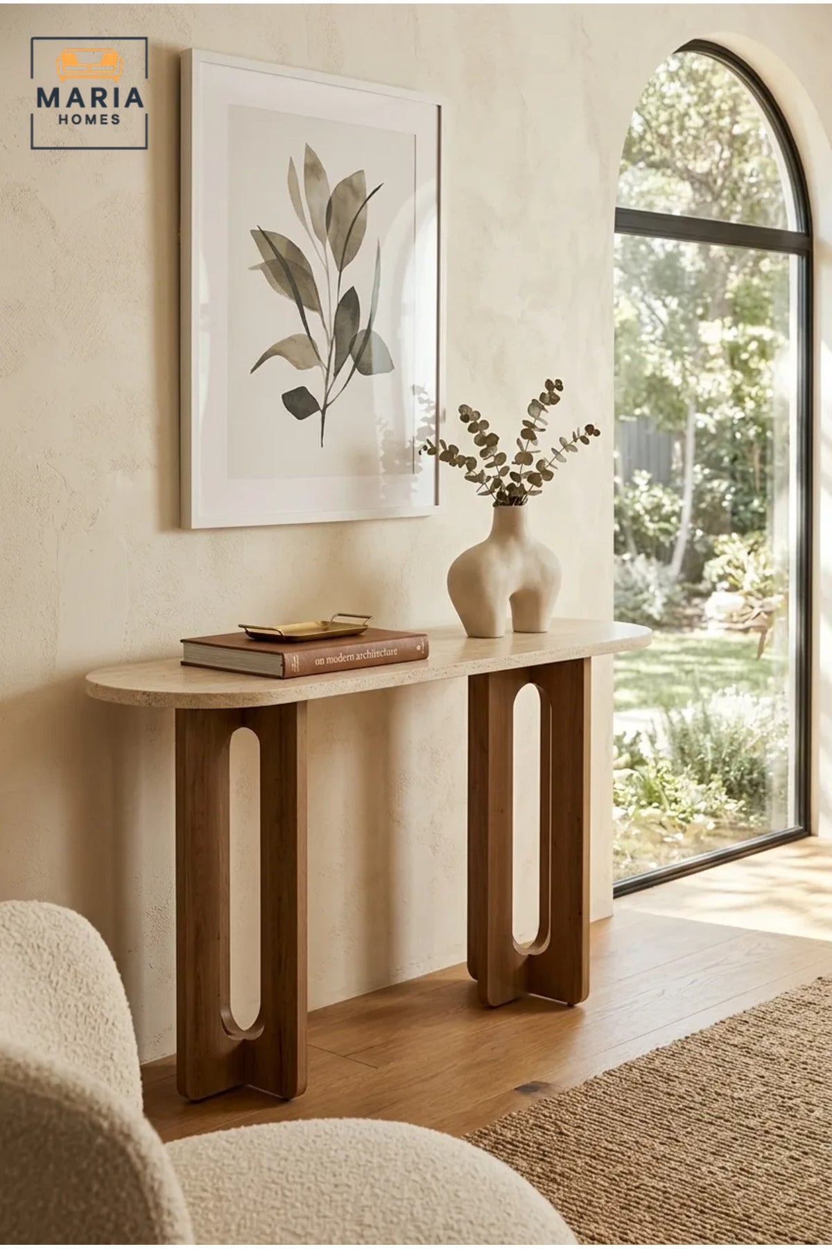 Modern Marble Top Console Table with Wooden Base for Entryway, Hallway & Living Room