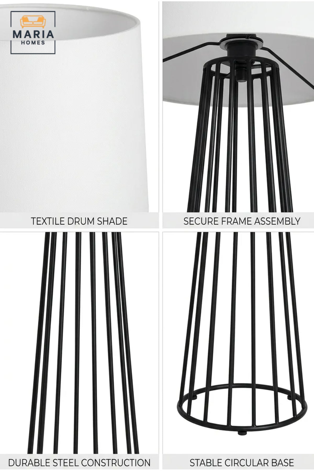 Modern Floor Lamp with Fabric Drum Shade and Open Cage Frame, Decorative Freestanding Standing Light for Living Room, Bedroom, Reading Corner and Office