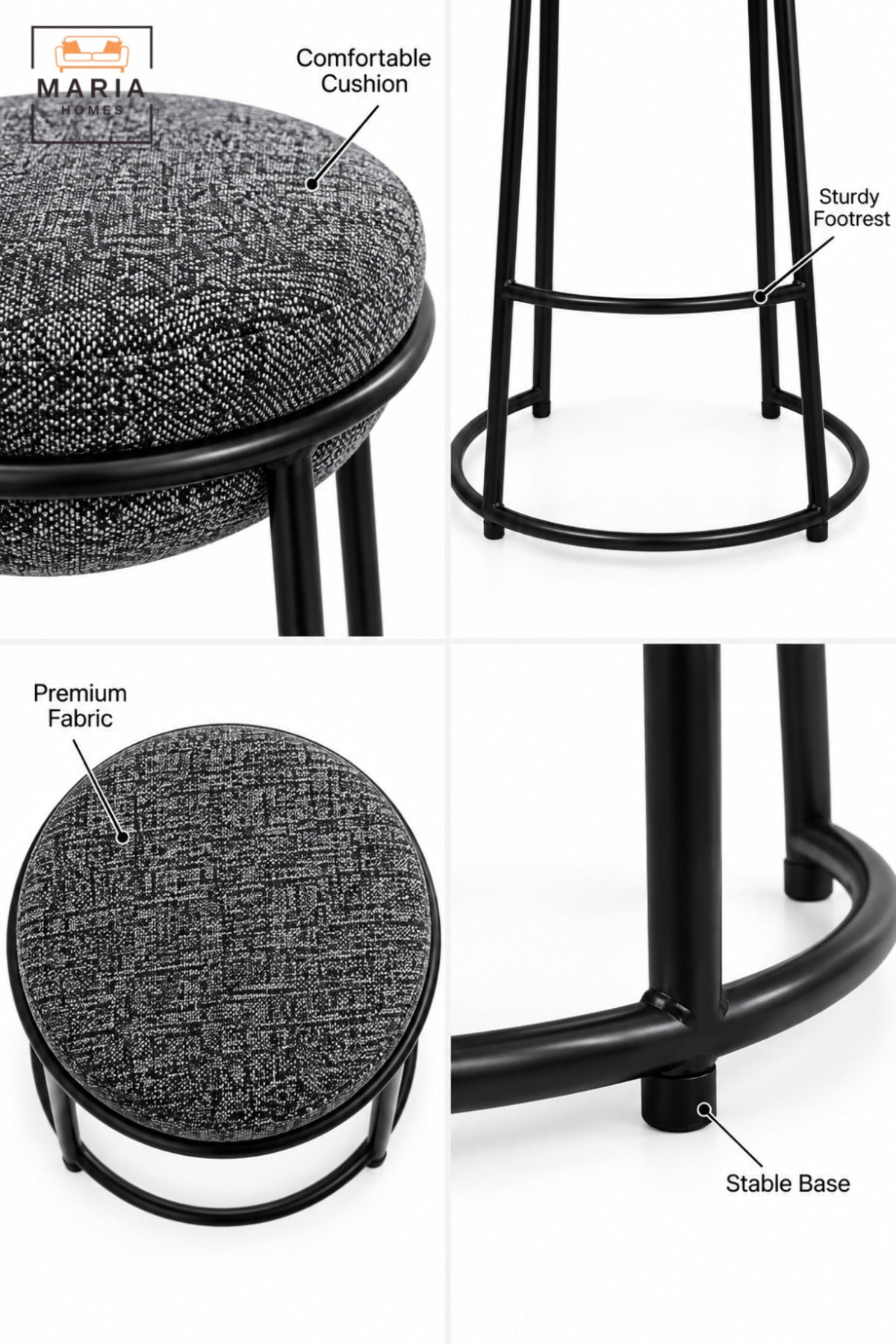Modern Round Bar Stool with Padded Fabric Seat & Circular Footrest | Grey Upholstered High Counter Chair with Slim Black Frame for Kitchen and Café 70x33cm