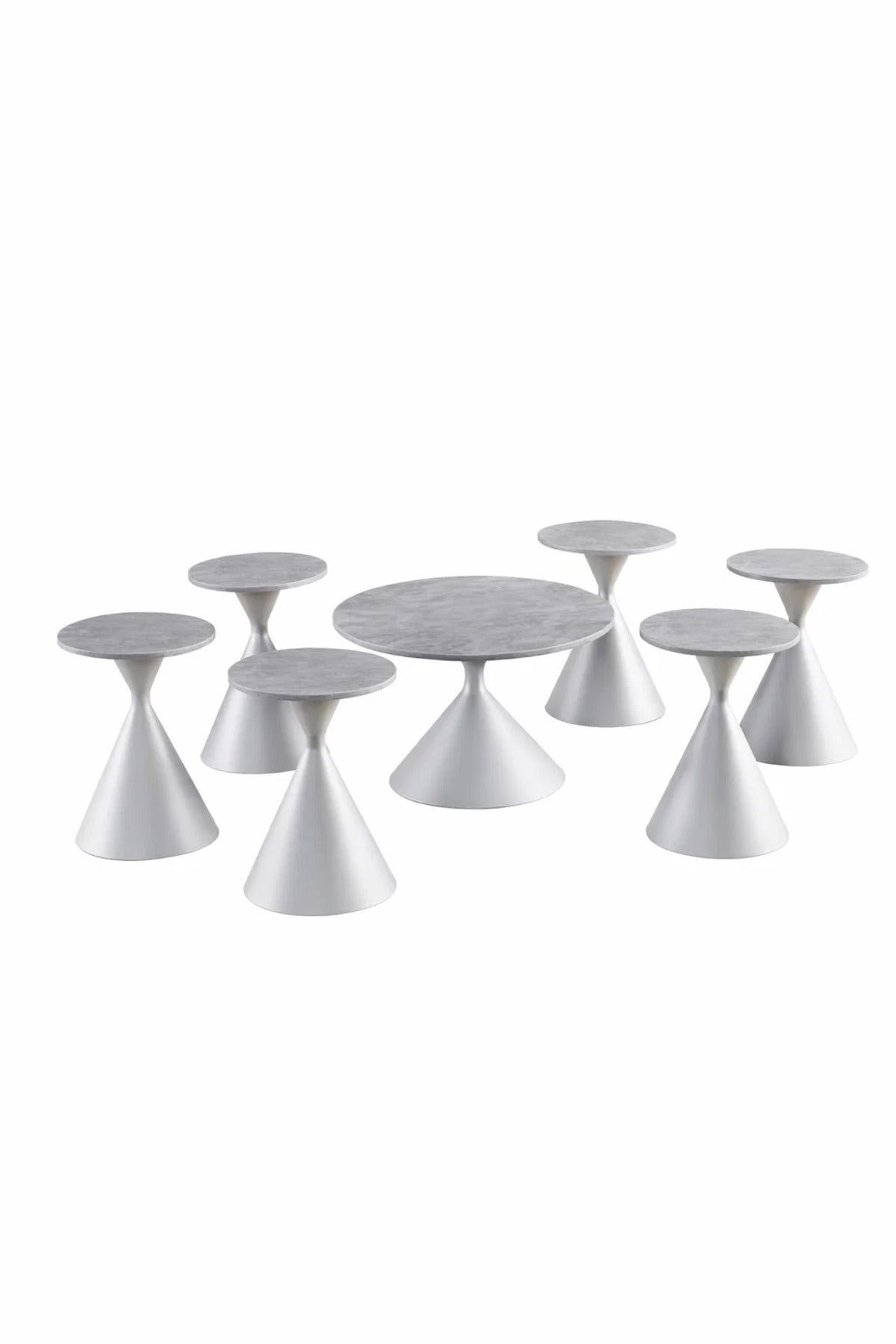 Modern 7-Piece Center Table Set Round Grey Top White Cone Base 1 Large 6 Small for Living Room