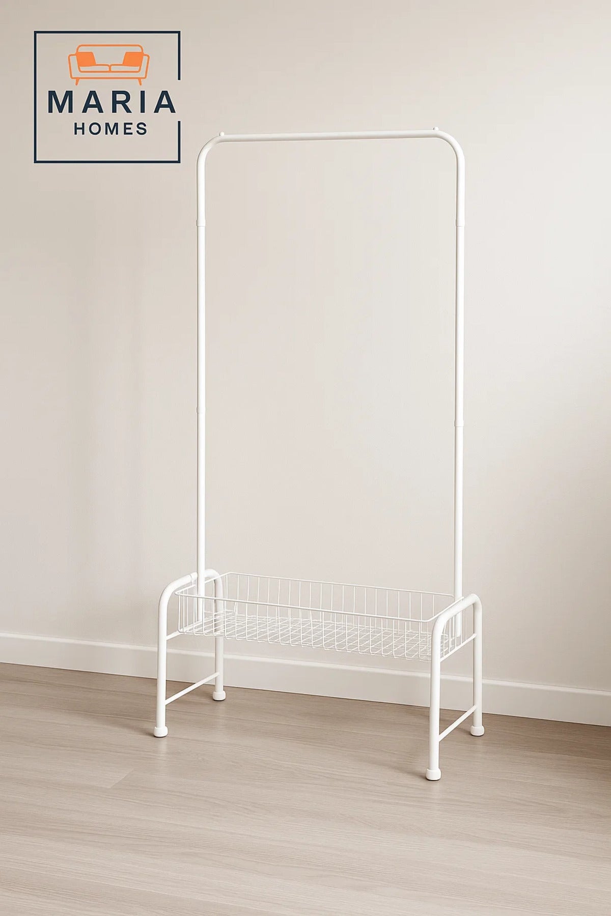 White Steel Garment Rack with Bottom Storage Basket