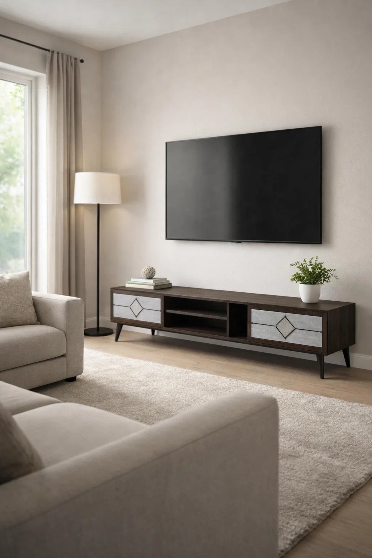 Modern Brown.G Floating TV Table with Drawers and Open Shelf